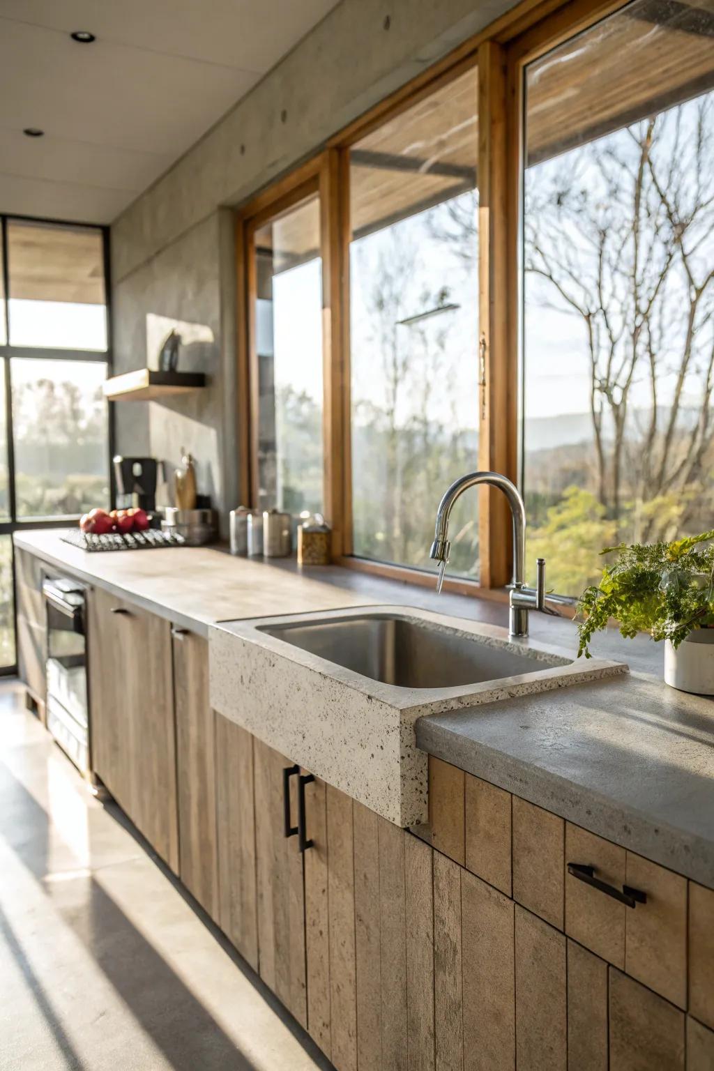 A kitchen with concrete countertops illuminated by abundant natural light.