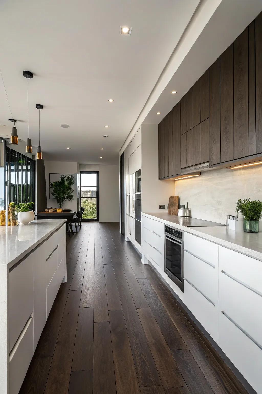 A minimalistic design emphasizes the sleekness of dark floors in this kitchen.