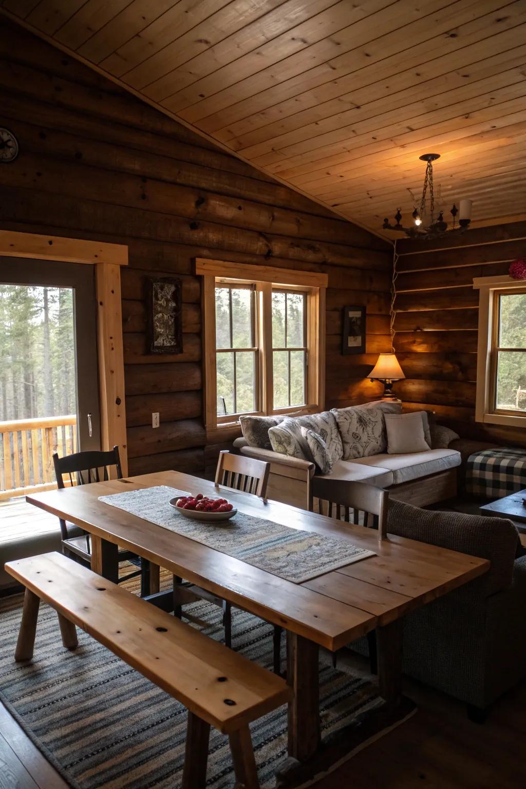 Practical furnishings inviting relaxation in a knotty pine cabin.