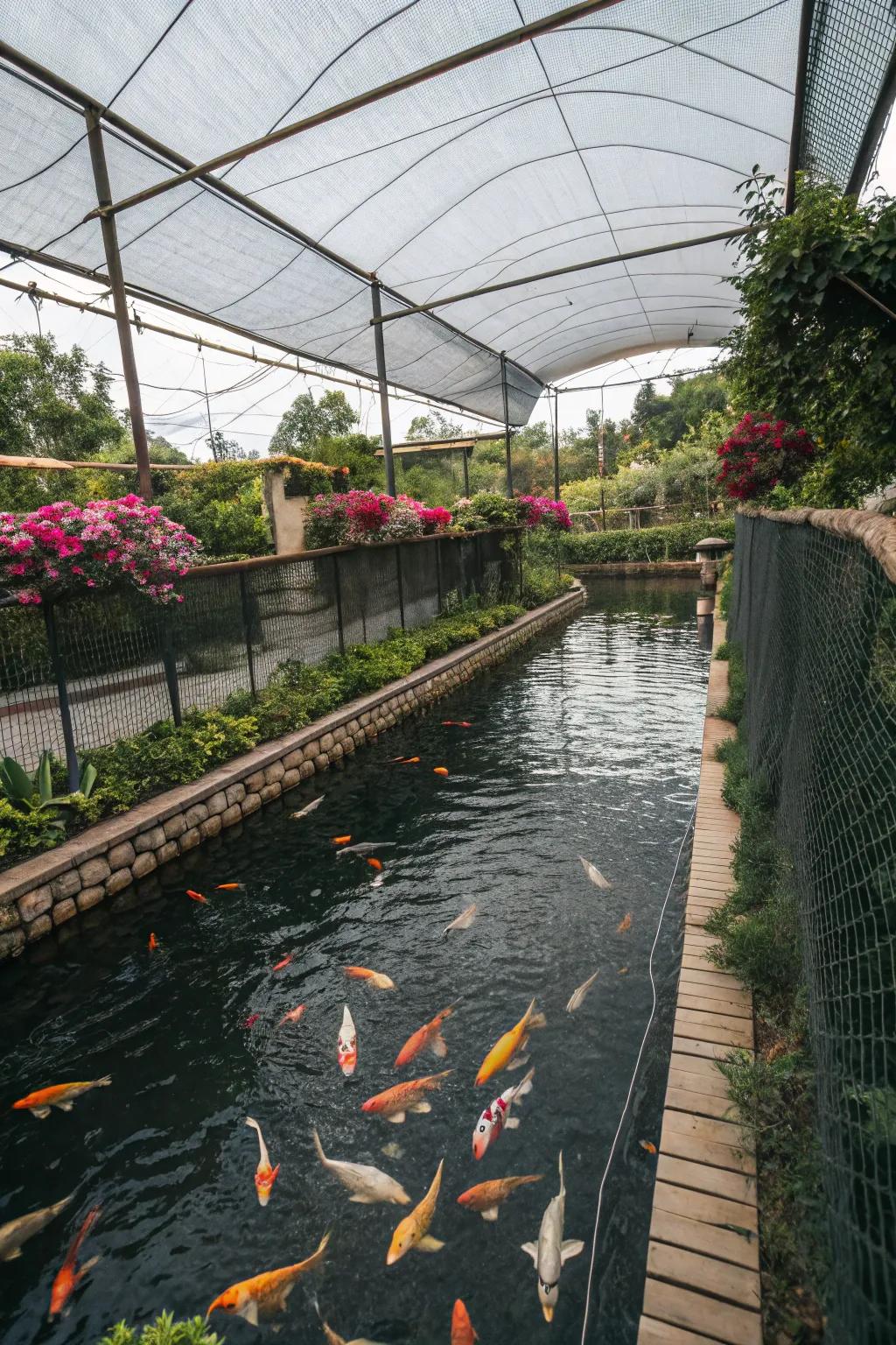 A koi pond highlighted by fencing with overhead covers, offering both privacy and shade.
