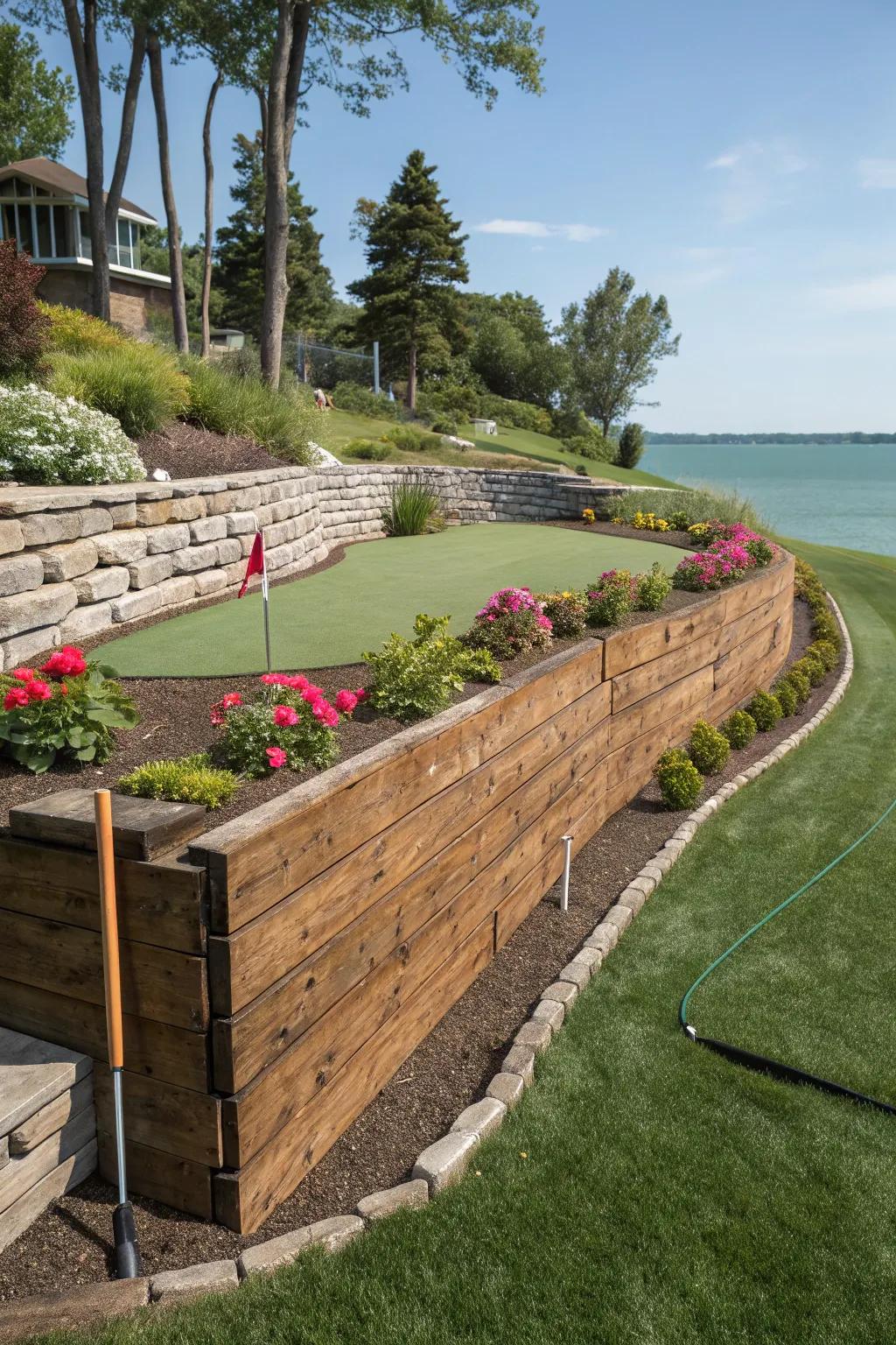 Transform your lakeside into a haven of fun and craftsmanship with a uniquely designed retaining wall featuring a putting green.