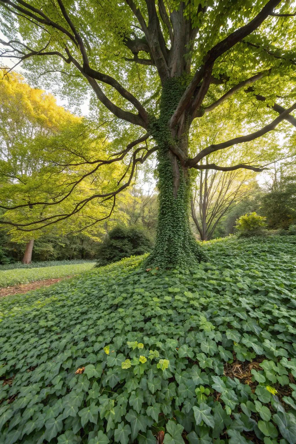 Surface vegetation creates a verdant, low-upkeep base for trees.