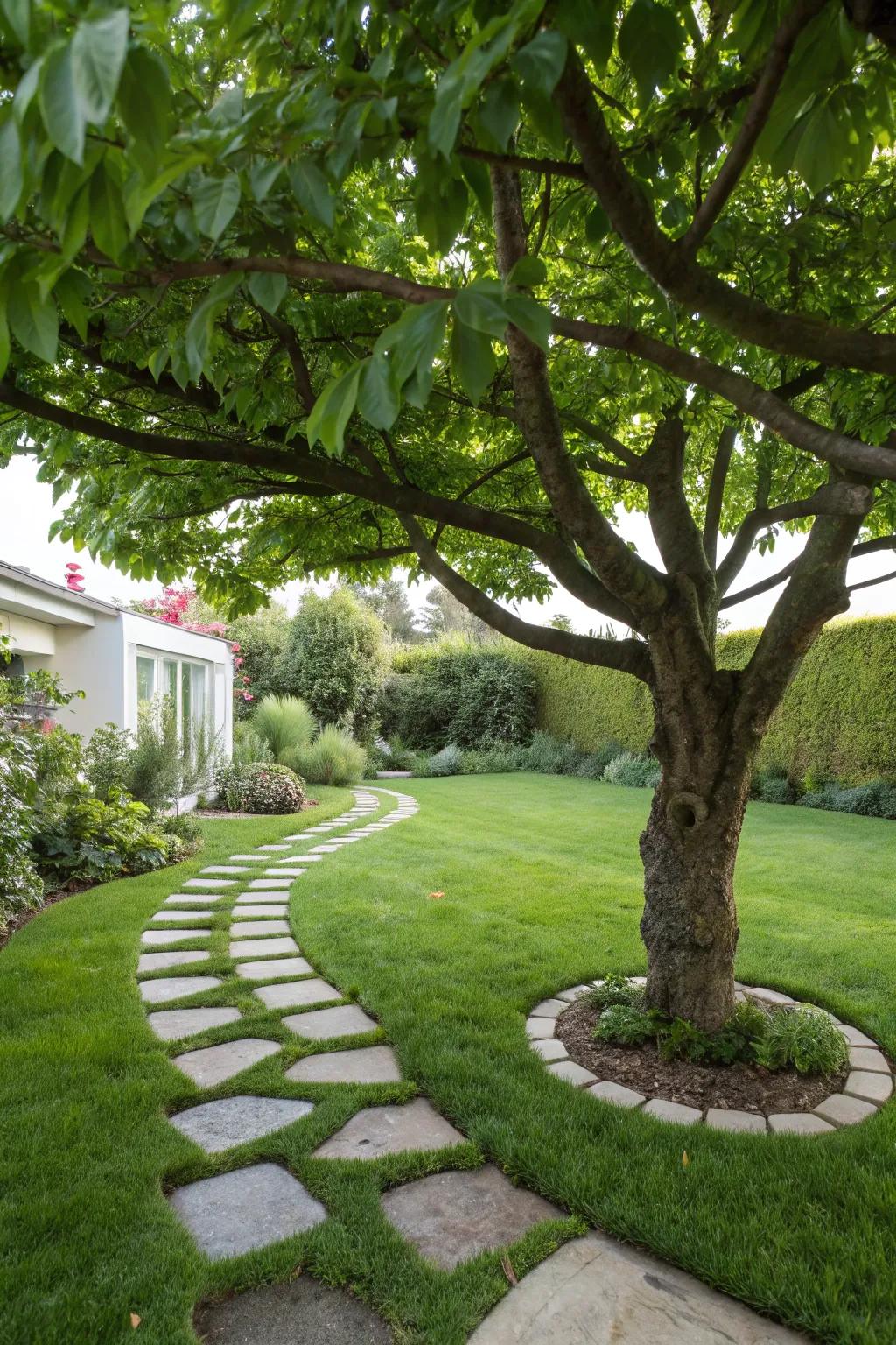 A tree with a charming pathway, encouraging exploration of the garden.