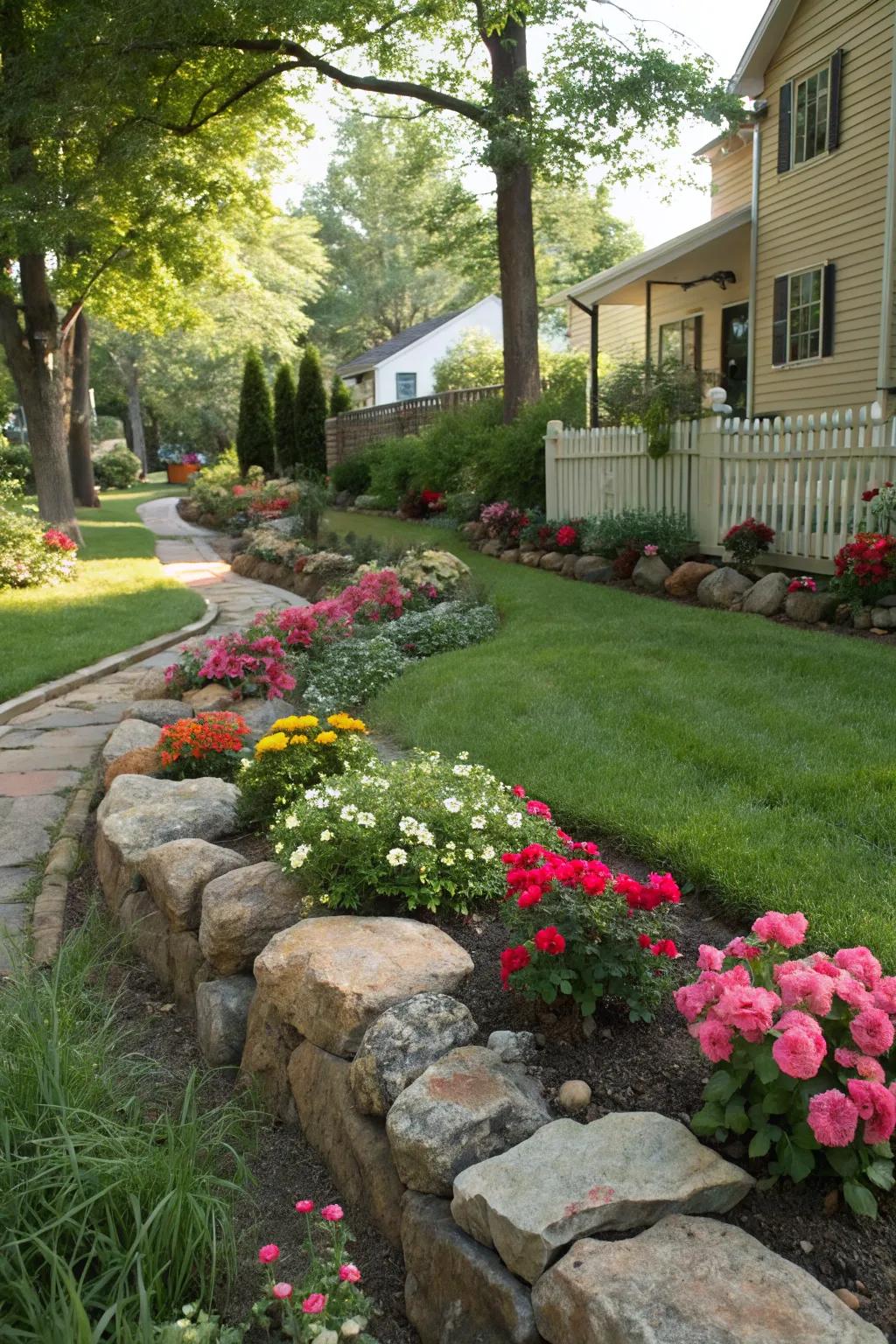 Rock borders bring rustic charm and clearly delineate flower beds.