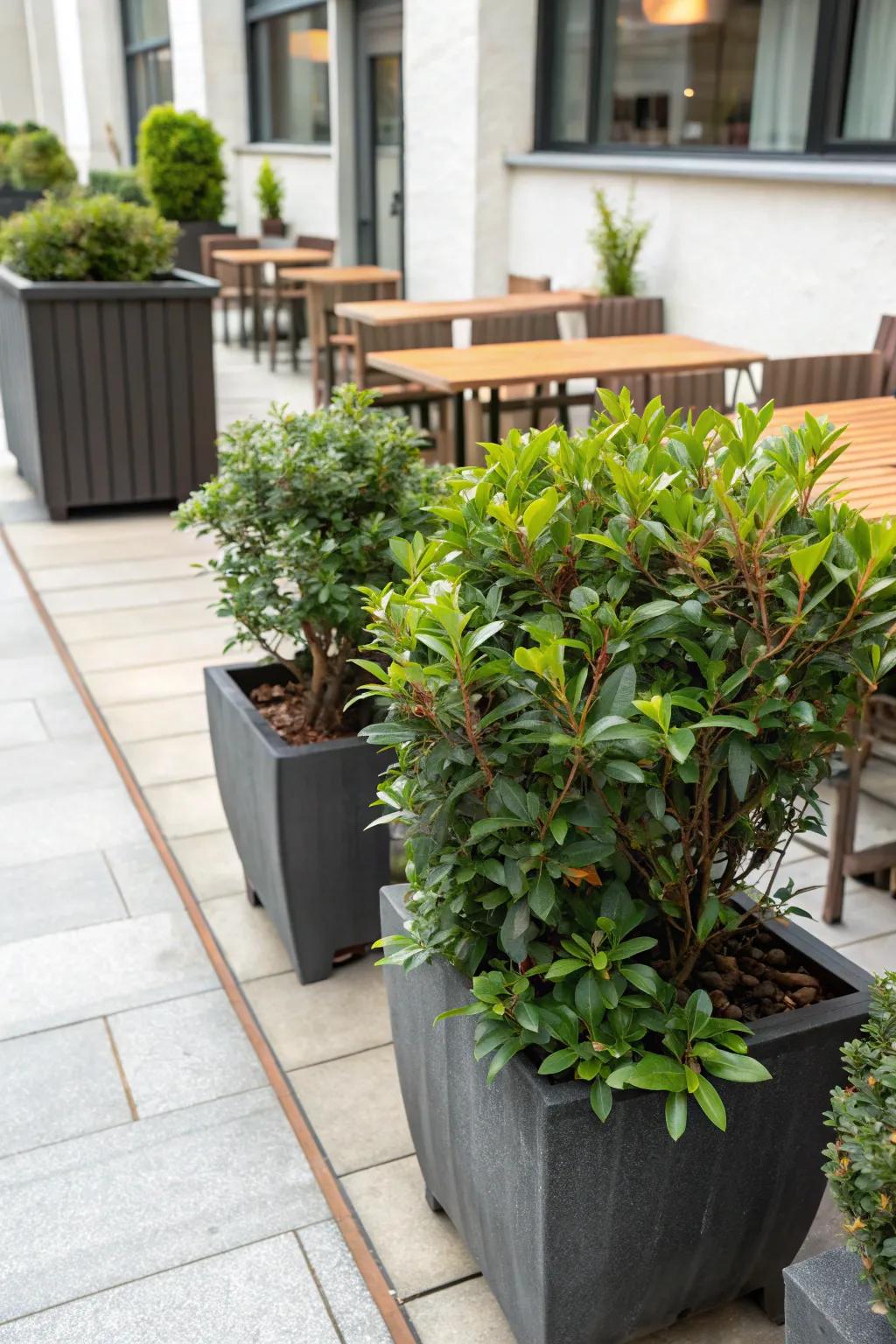 Indian hawthorn in containers brings greenery to small spaces.