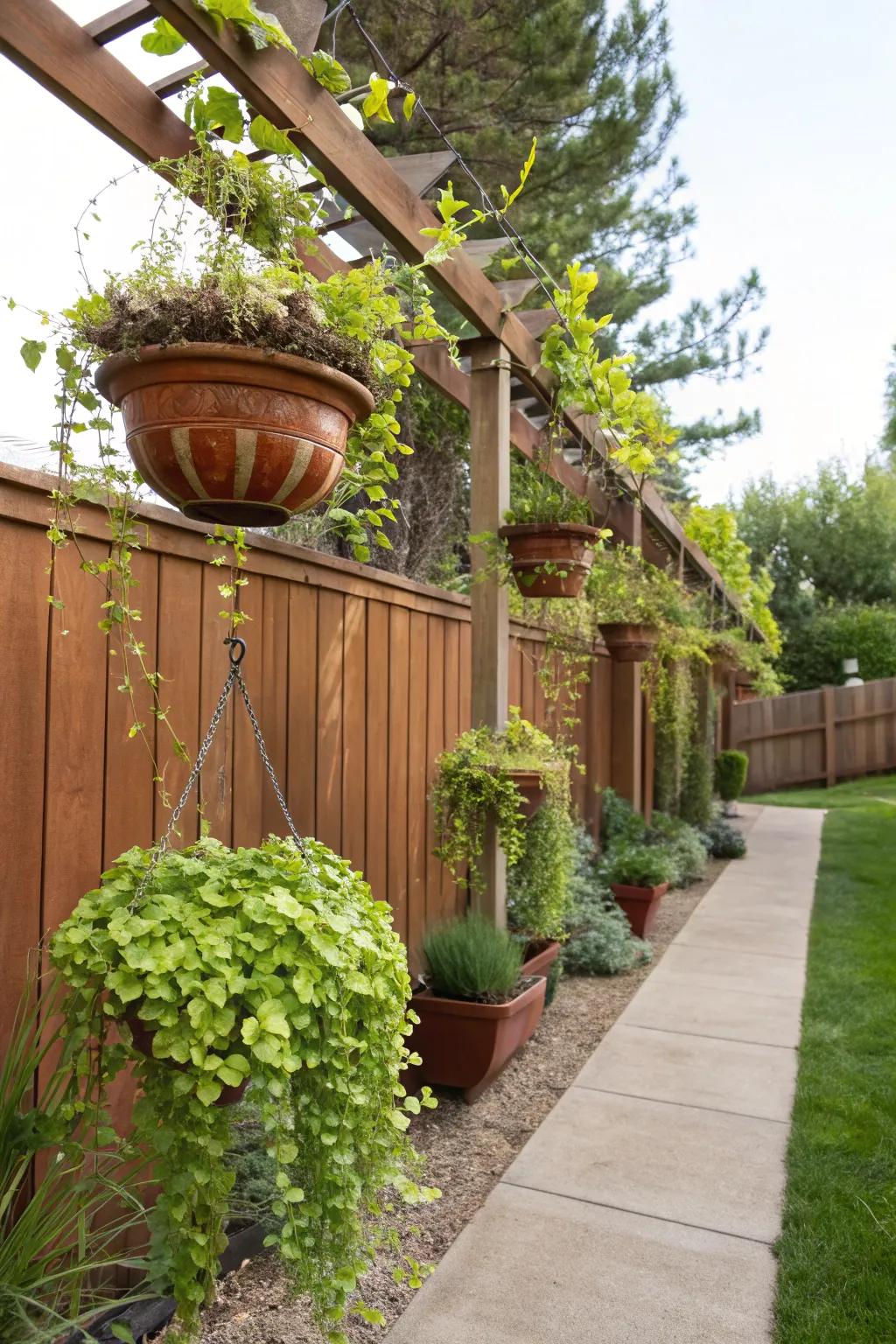 Create a whimsical garden using suspended planters and cascading greenery.