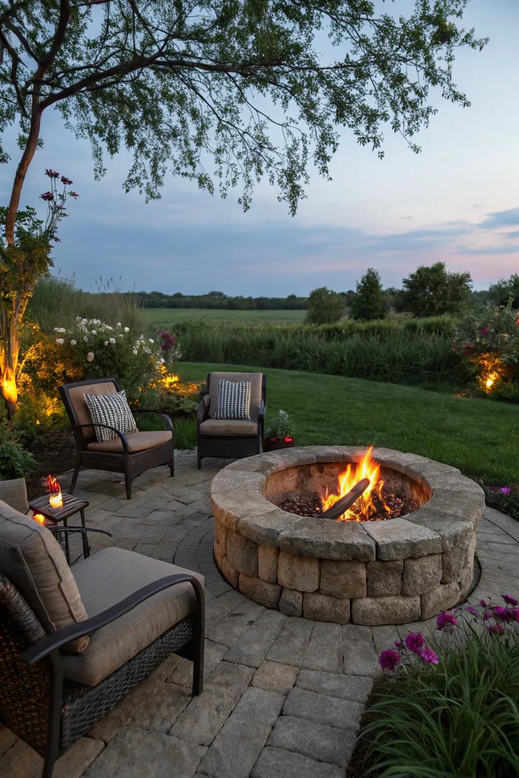 A stone fire pit crafts a warm and inviting gathering spot.