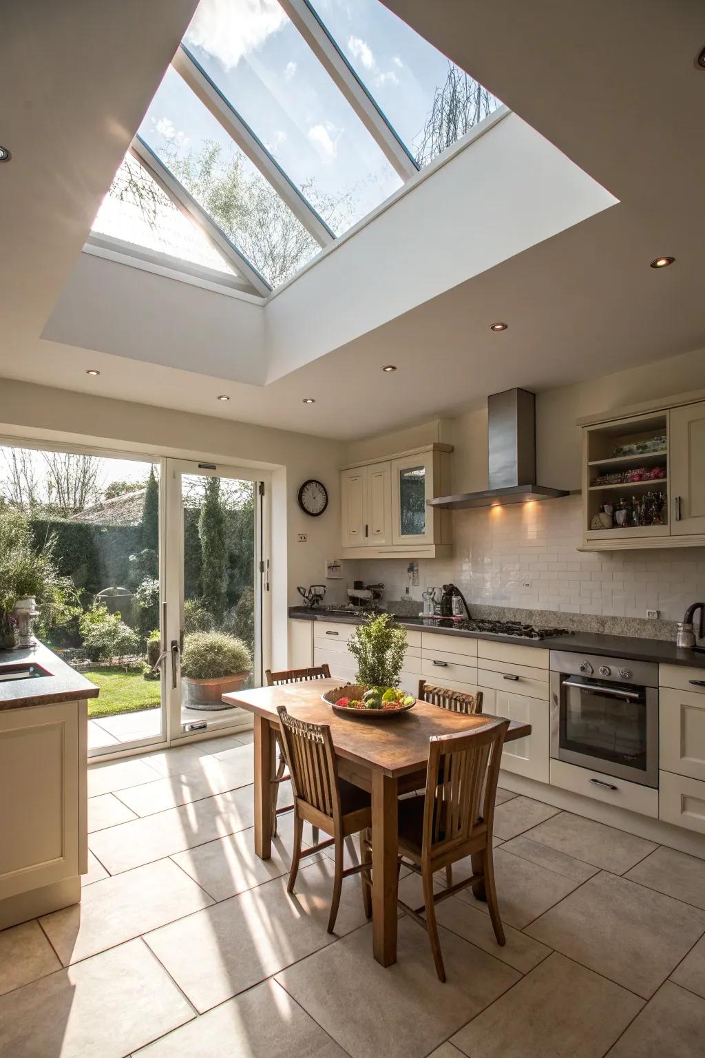 A kitchen enhanced with natural light from a large ceiling window.