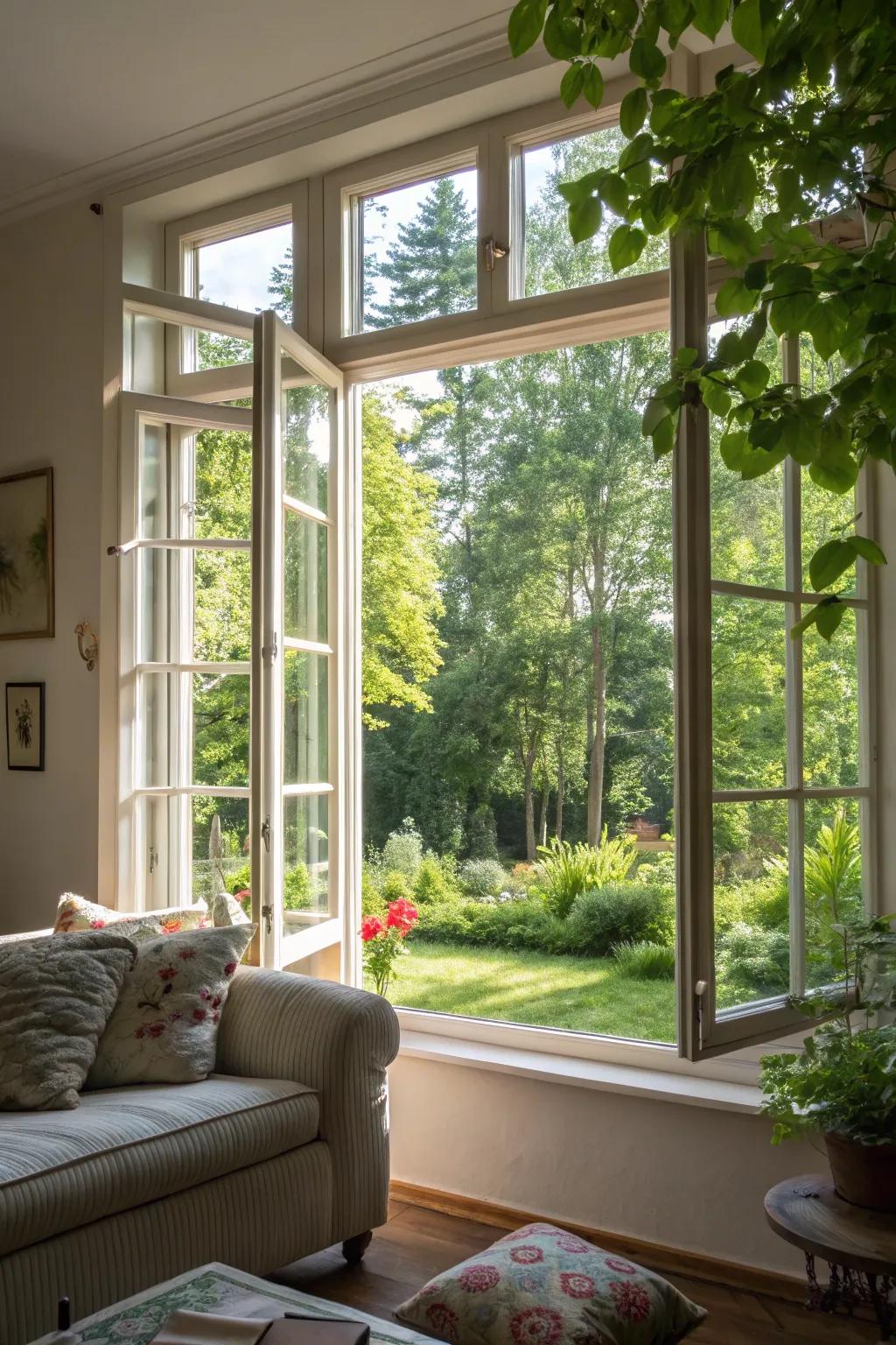 Casement windows that bring the fresh air and greenery inside.
