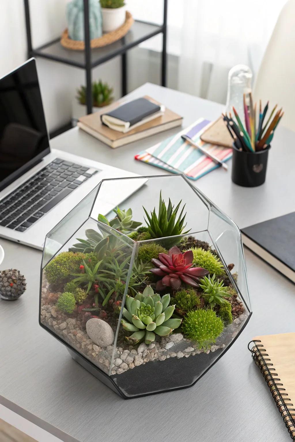 A sleek glass terrarium showcasing a lush succulent landscape.
