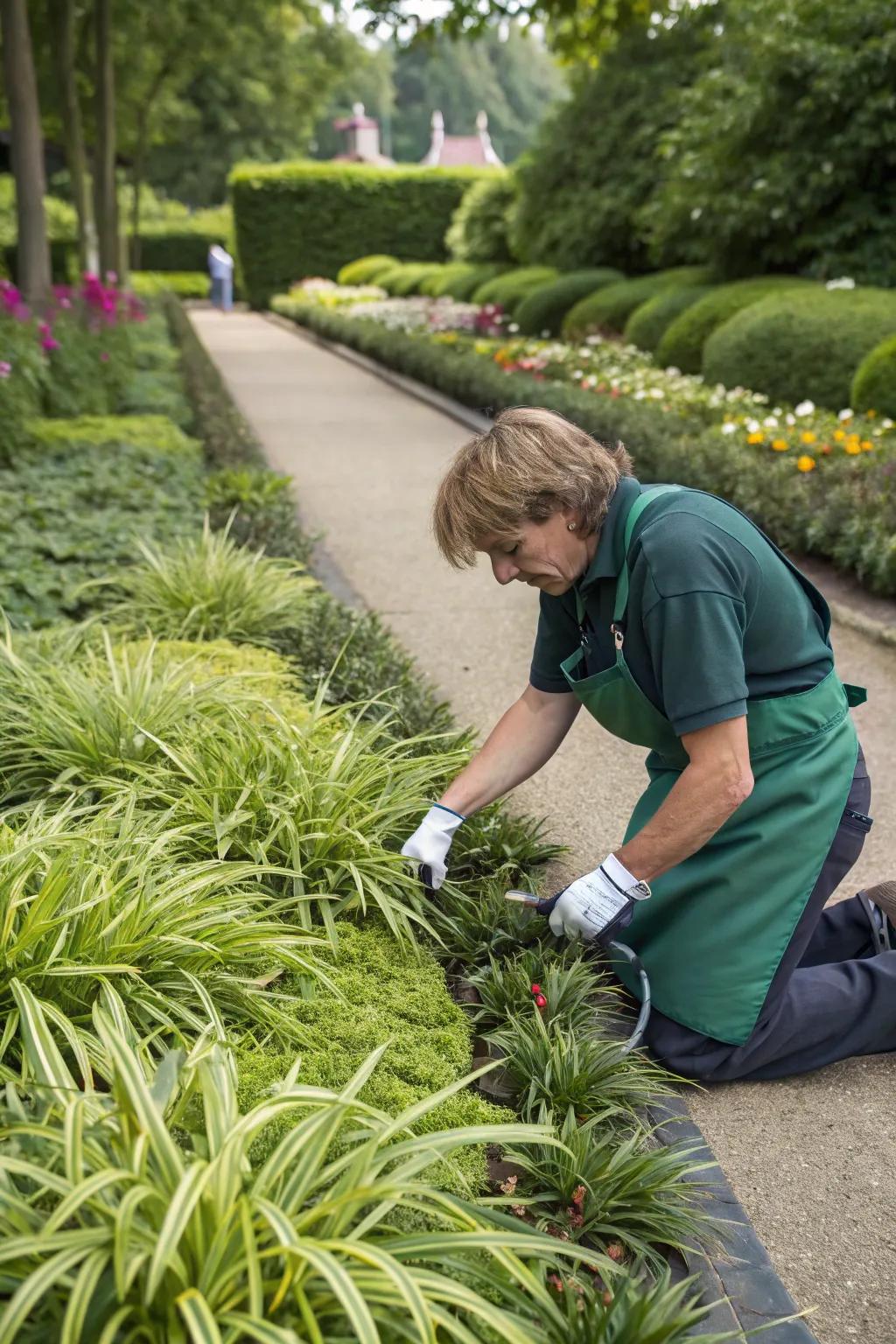 Thriving liriope border, sustained through attentive care.