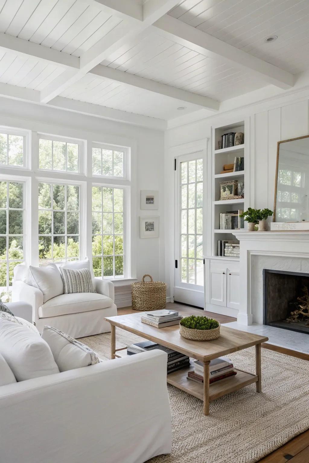 Minimalist white decor enhances the spaciousness of this living room.