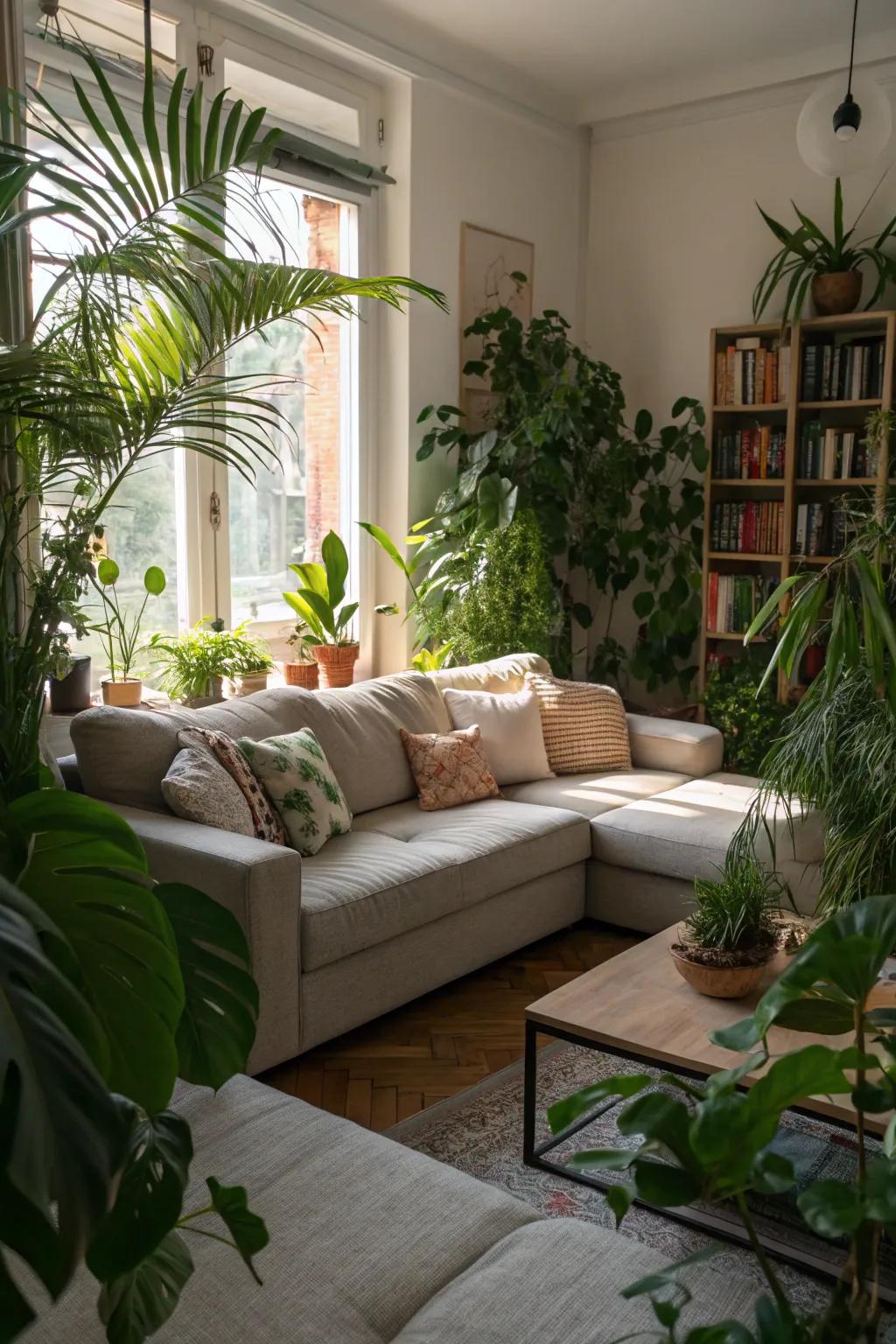 Greenery adds a fresh touch to the sectional area.