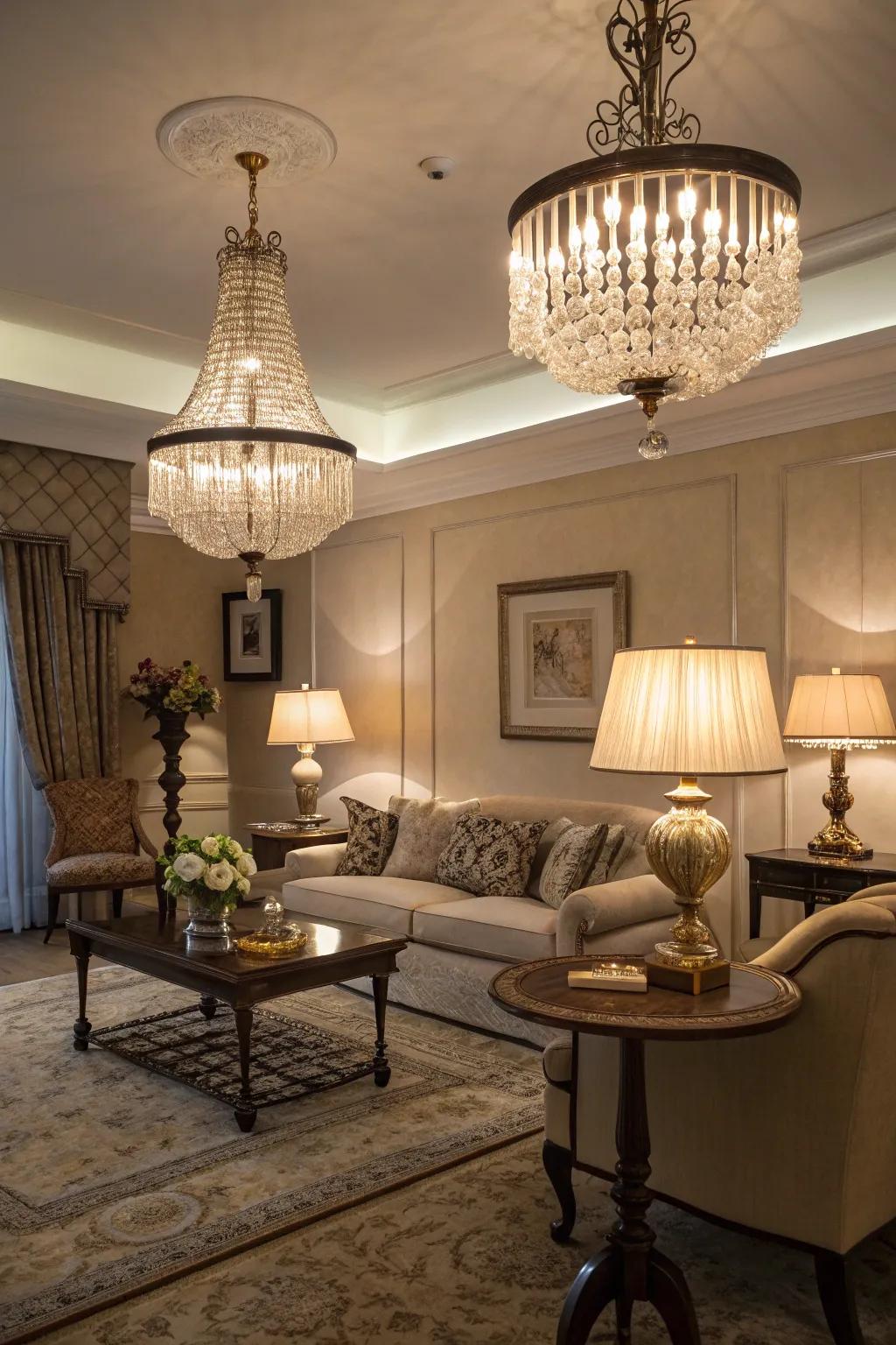 Layered illumination establishes an inviting ambiance in the living space.