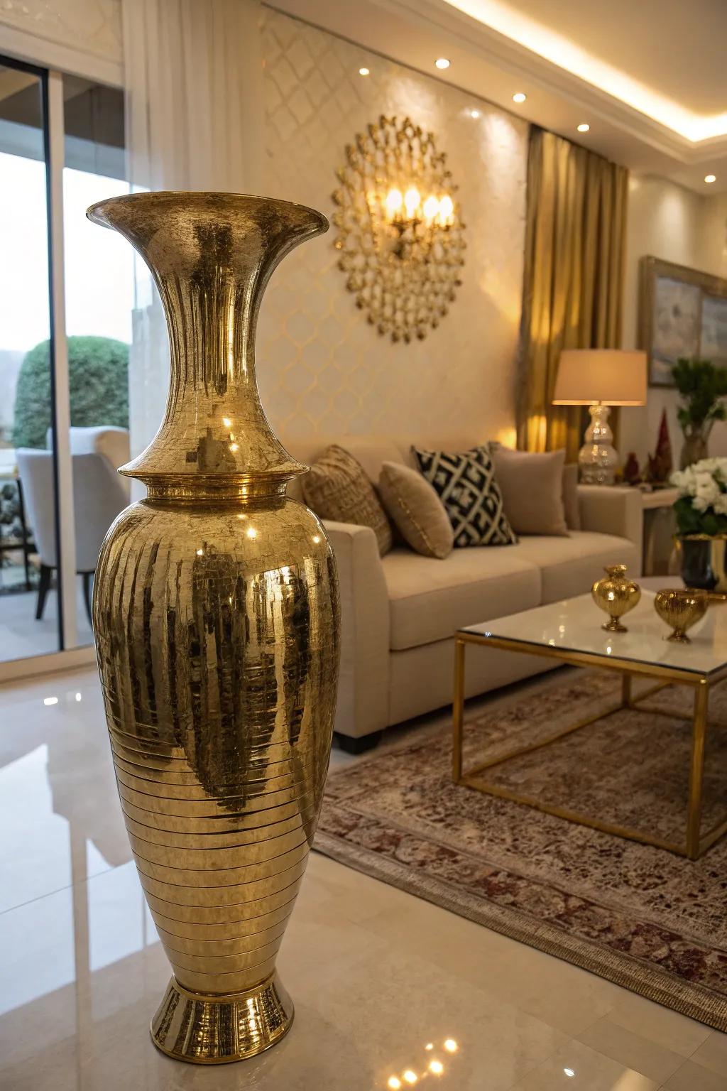 A metallic gold vessel adds a hint of glamour to a sophisticated family room.