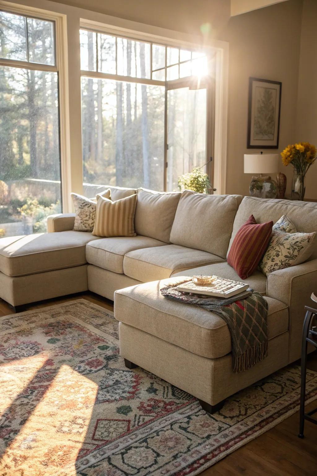 Enjoy natural light with a chaise sectional by the window.