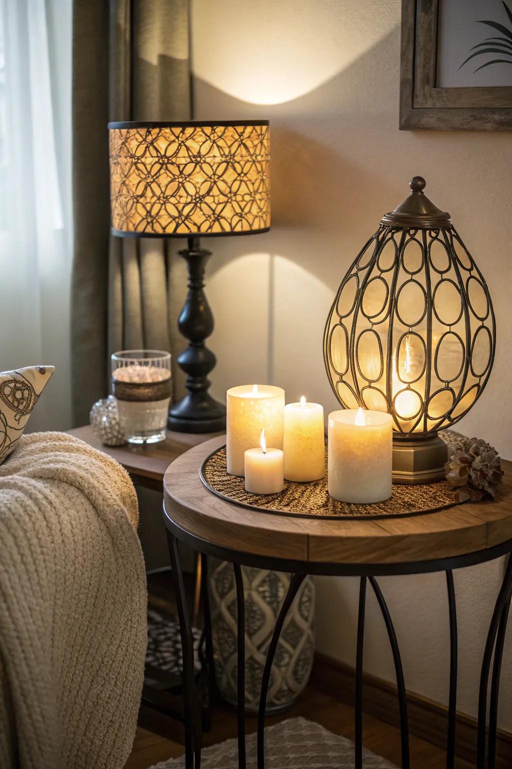 Illumination enhances the mood and draws attention to side tables.
