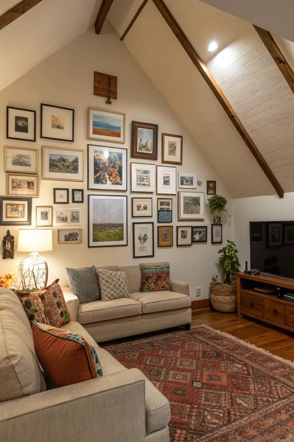 A gallery wall personalizes and elevates a vaulted ceiling room.