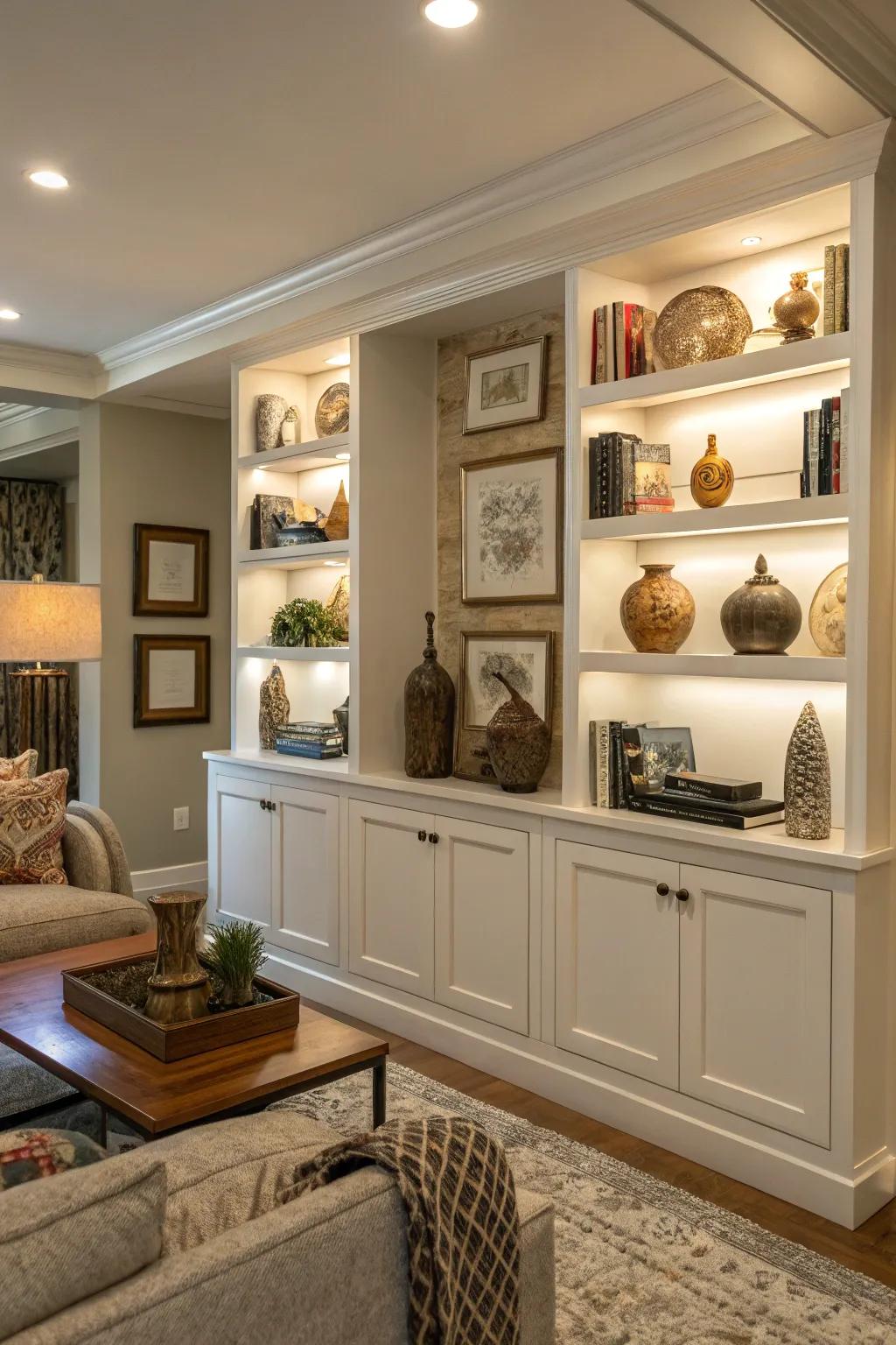 Built-in shelves offer both storage and style.