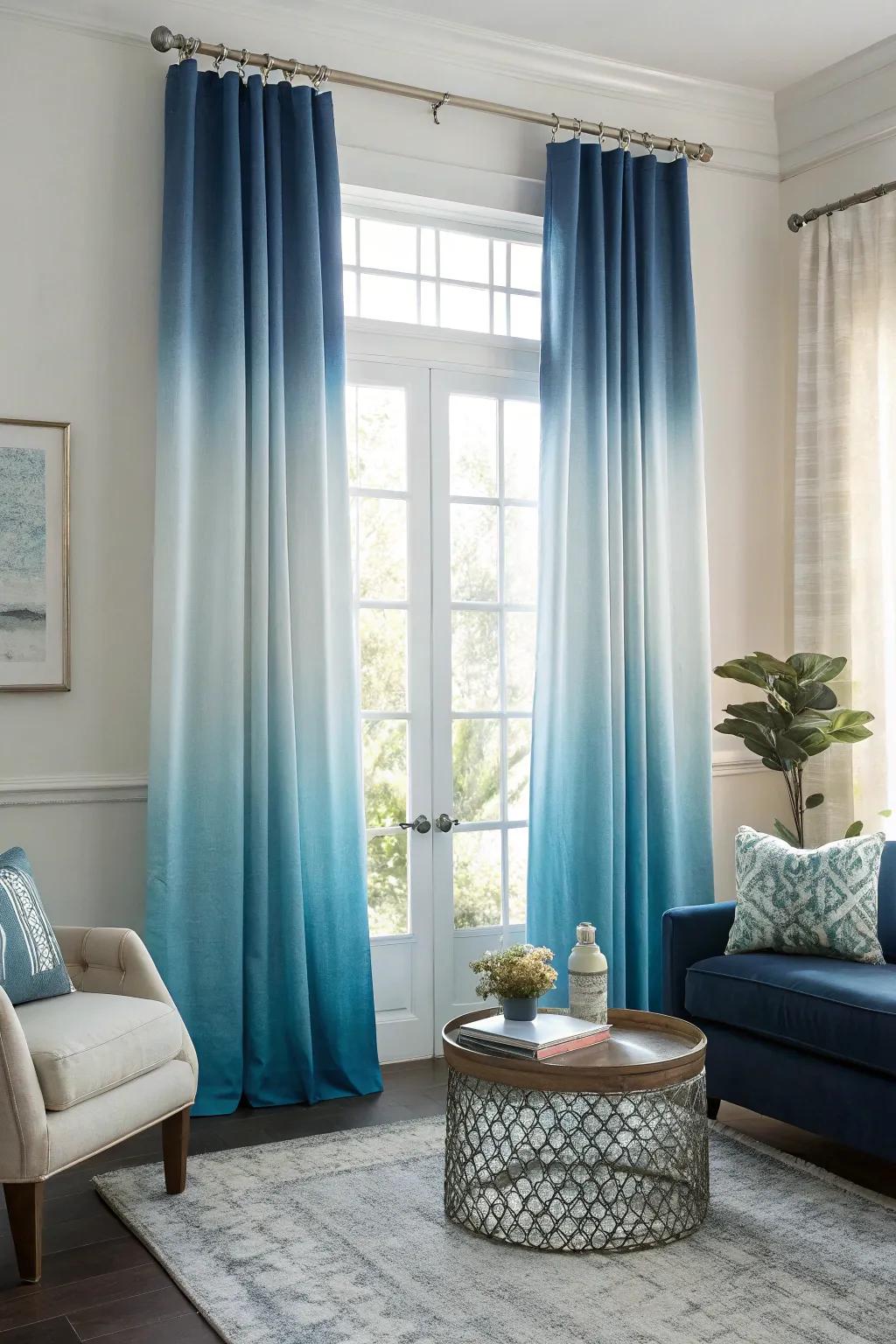 Ombre sky-tinted drapes introduce an artistic flair with their gradient layout, enhancing the room's contemporary vibe.