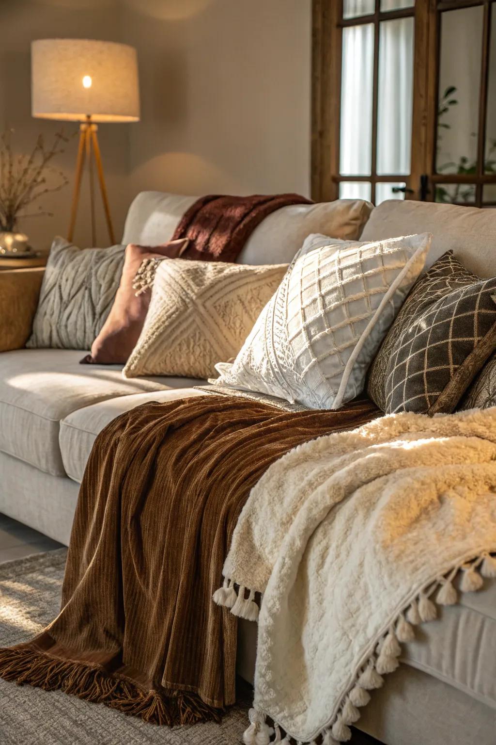Layered textures add depth and interest, making your living room inviting and sophisticated.