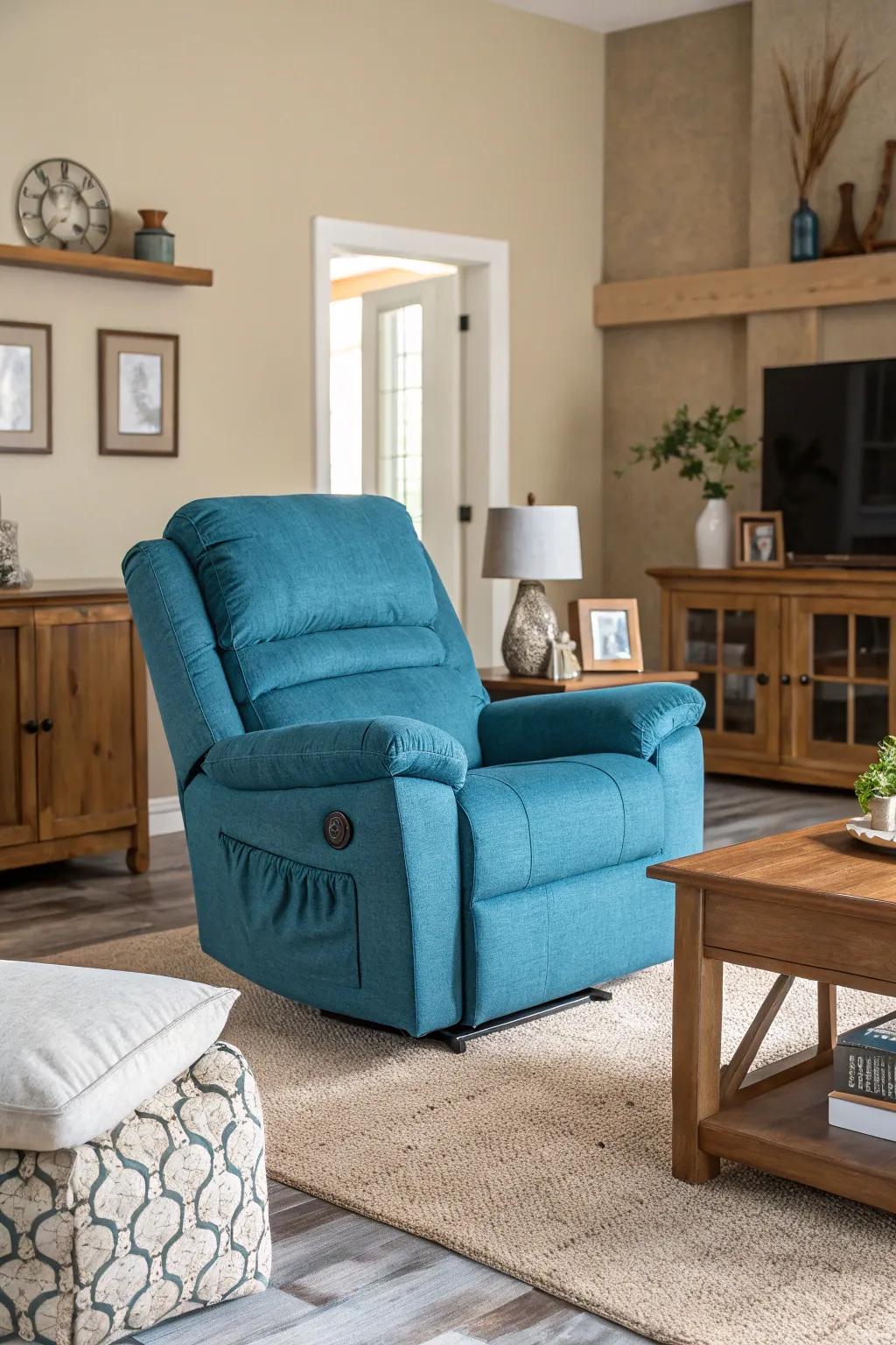 A striking recliner becomes the center of attention in this neutral living room.