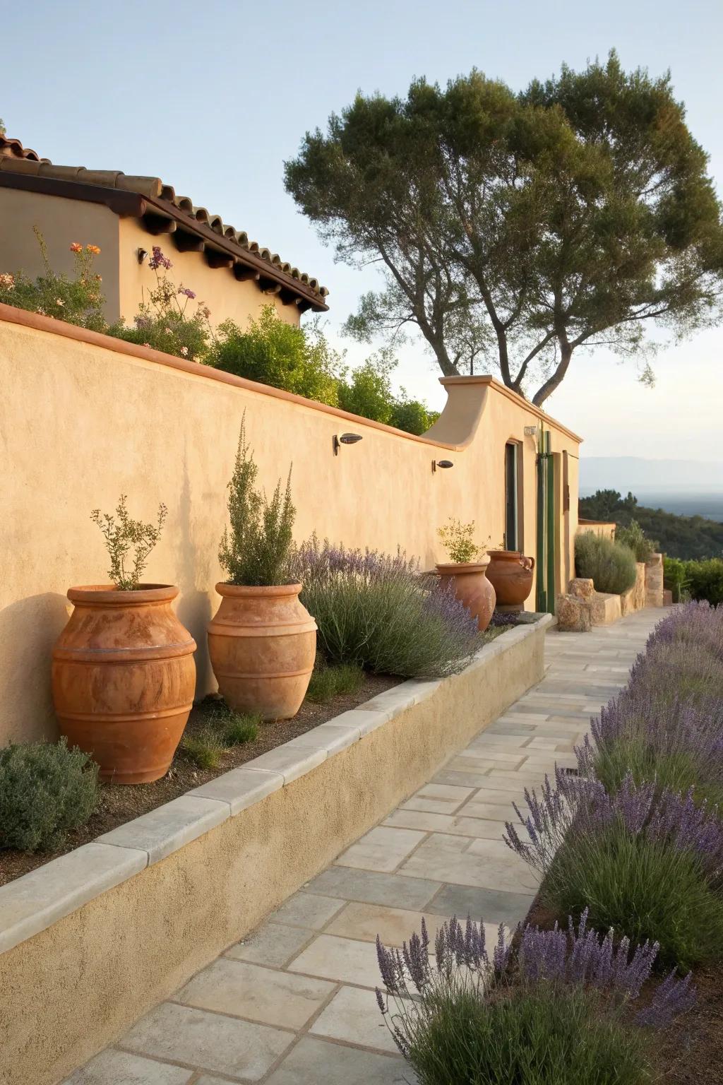 A low rendered wall elevates the Mediterranean sensation of this front garden.