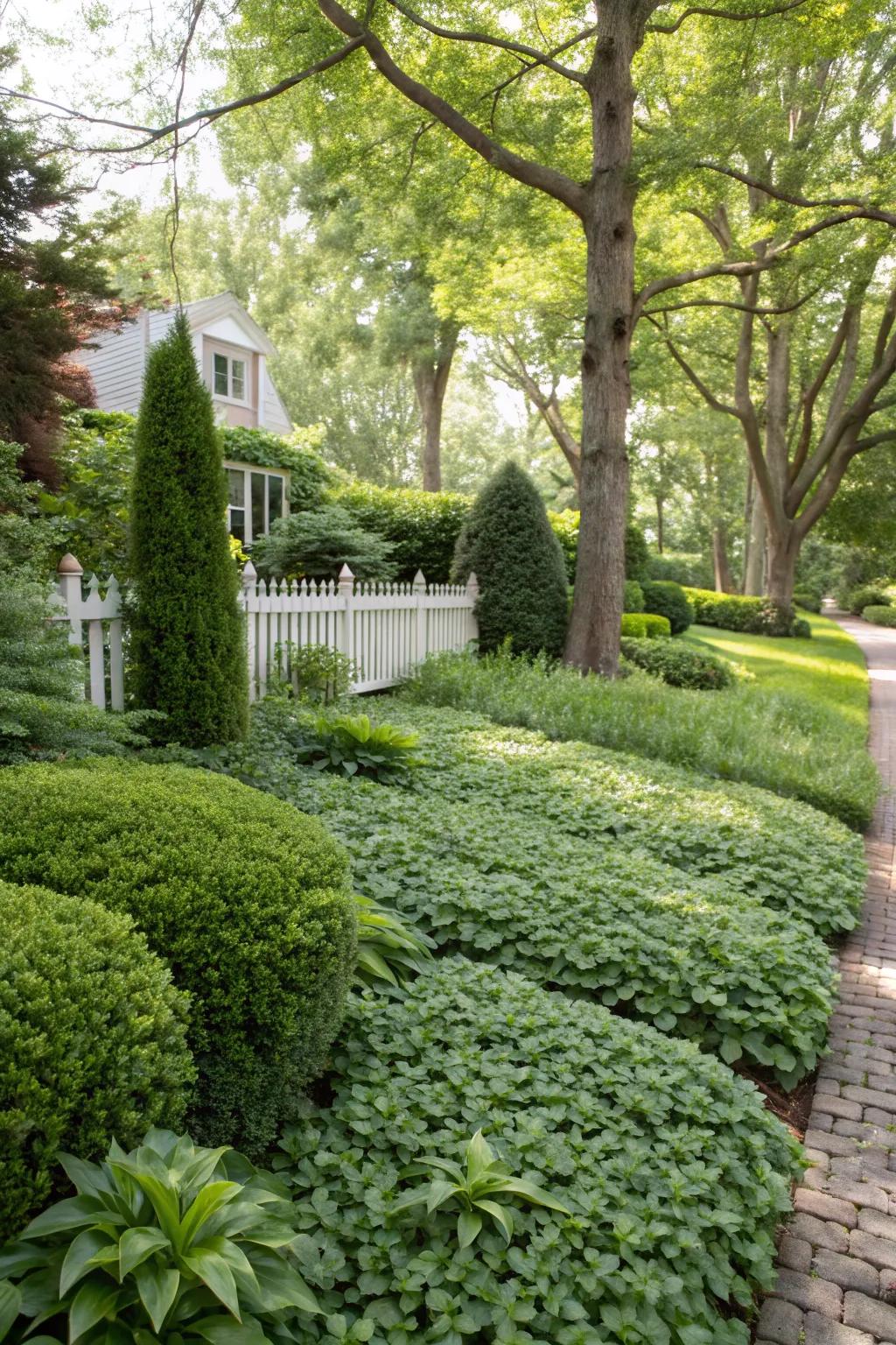 Ground cover plants creating a lush, low-maintenance surface.
