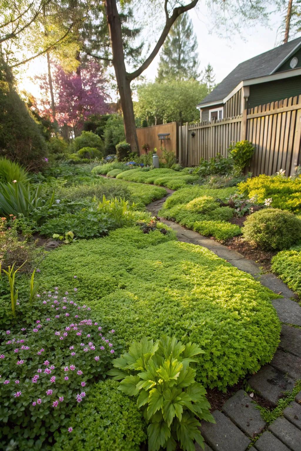 Ground cover plants replace grass for a low-maintenance Portland lawn.