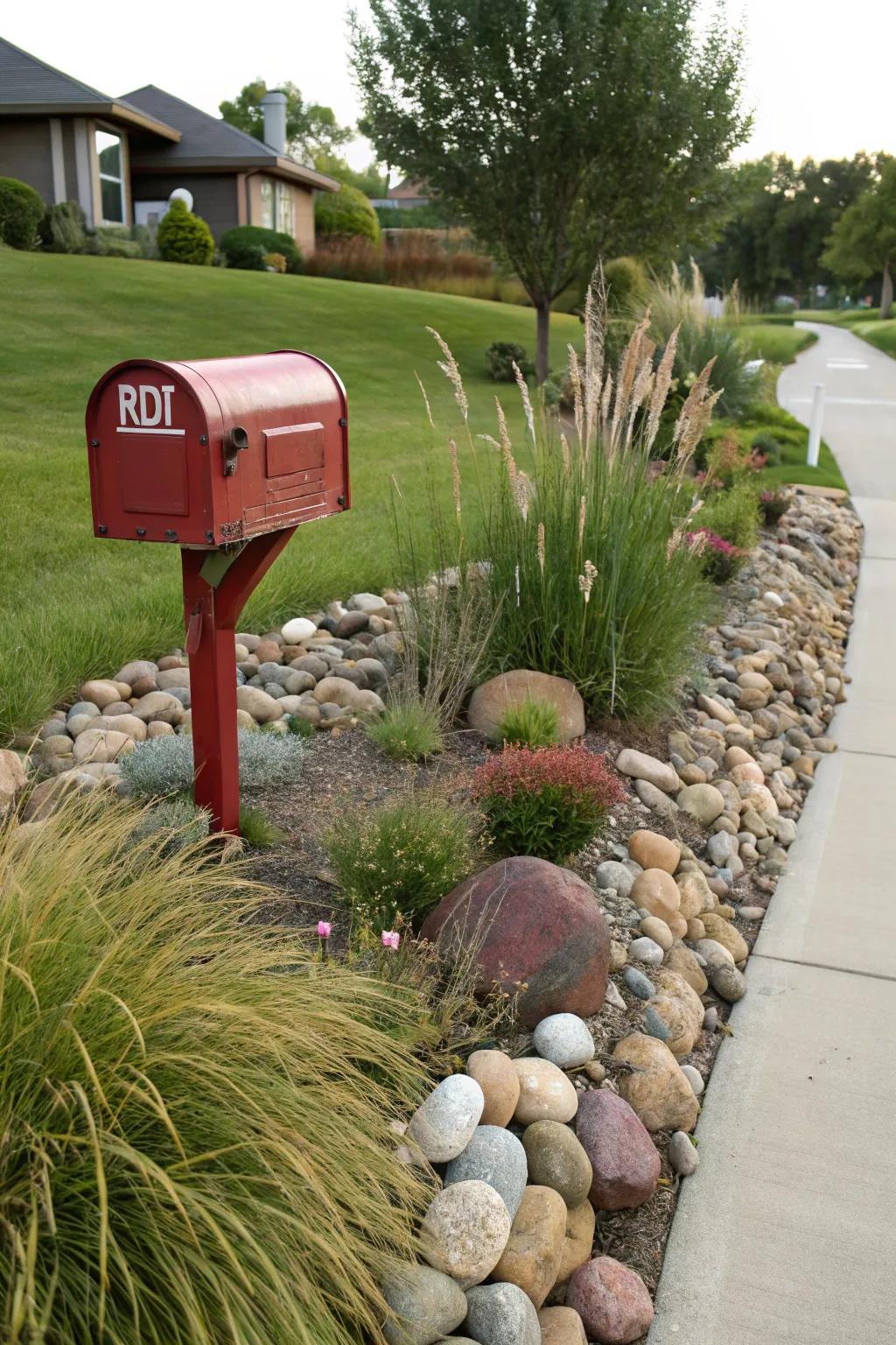 Rocks and grasses create a harmonious, low-maintenance landscape
