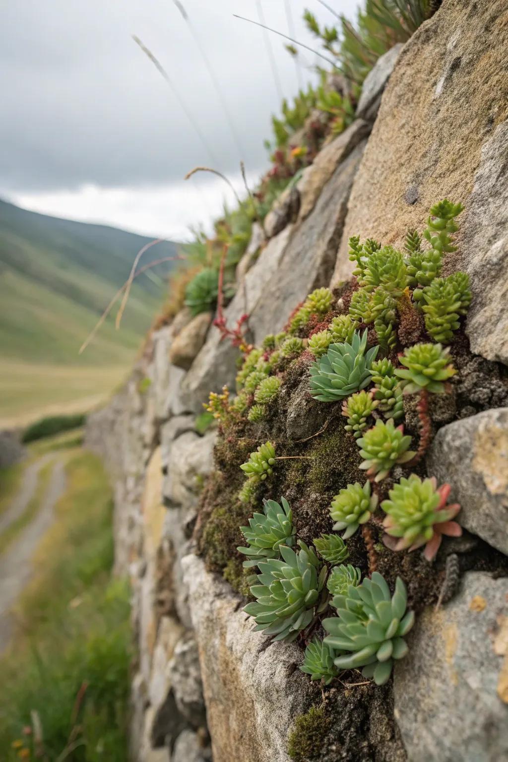 A stone ascent acts as a distinctive everbloom planter.