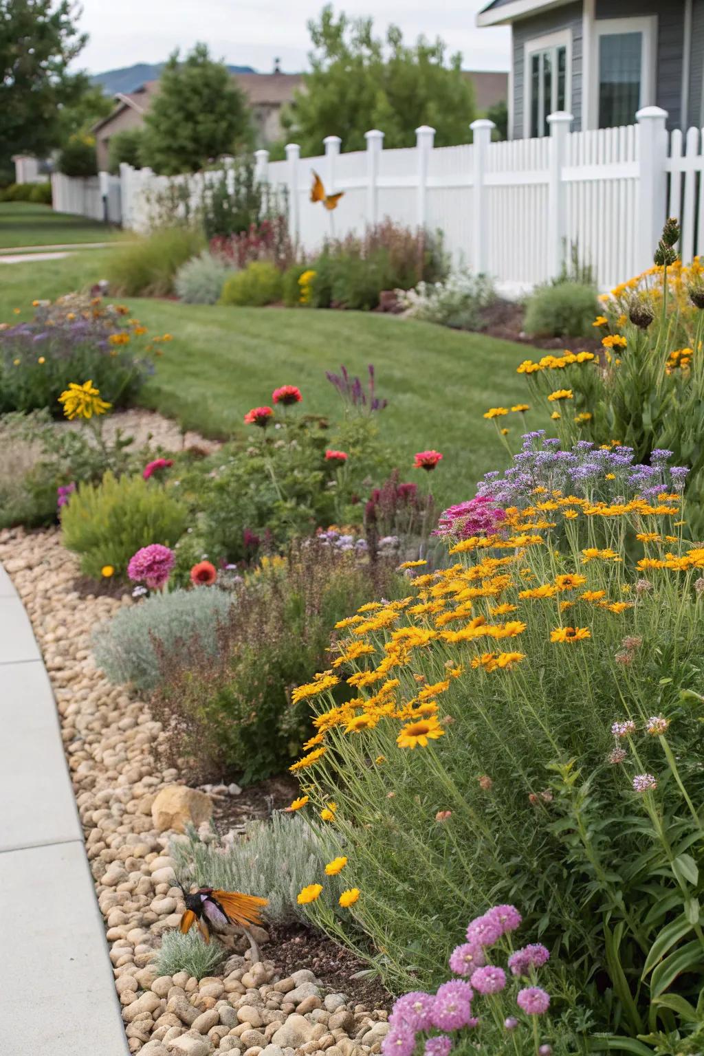 Enduring plants draw pollinators and seasonal color into a xeriscape yard.