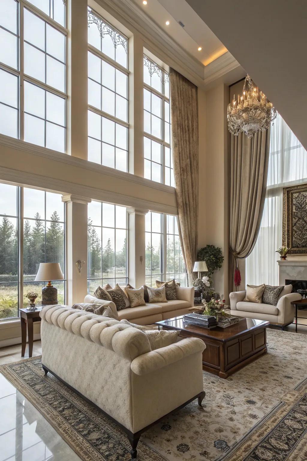 Sunlight floods this deluxe living room through broad windows.