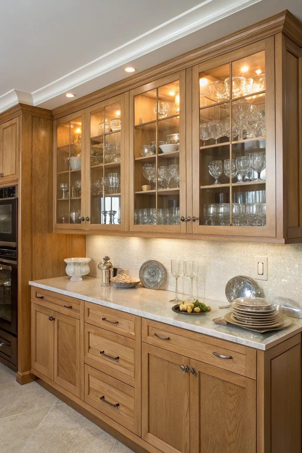 A sophisticated kitchen blending maple with glass-front cabinets.