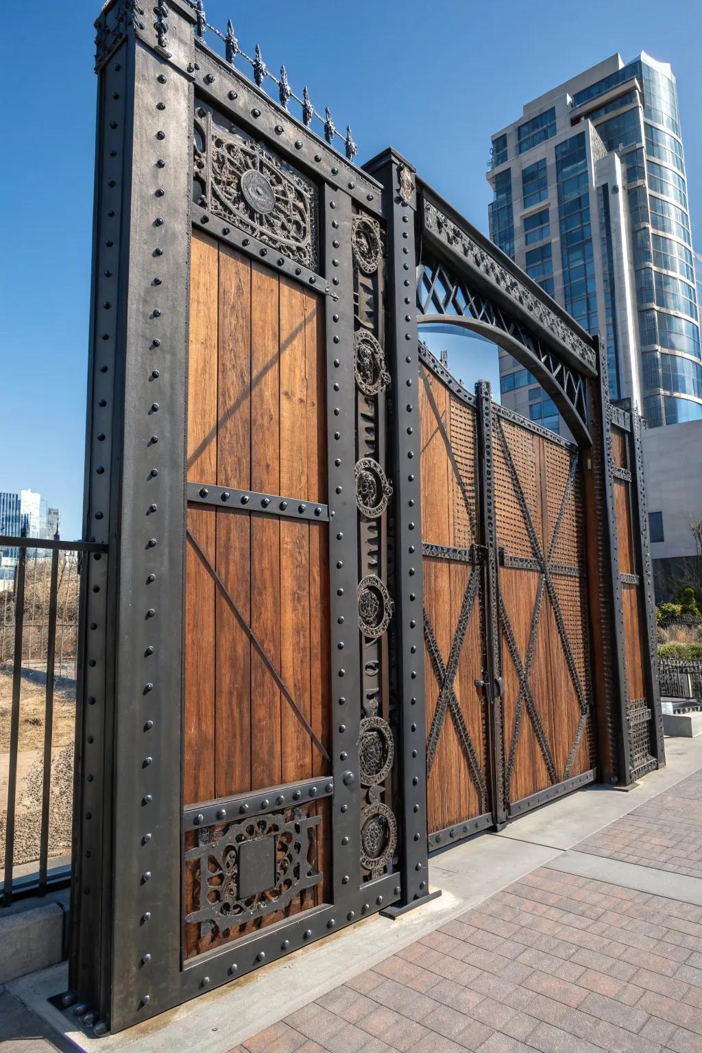 Embrace industrial elegance with this striking metal and wood gate, where raw meets refined.