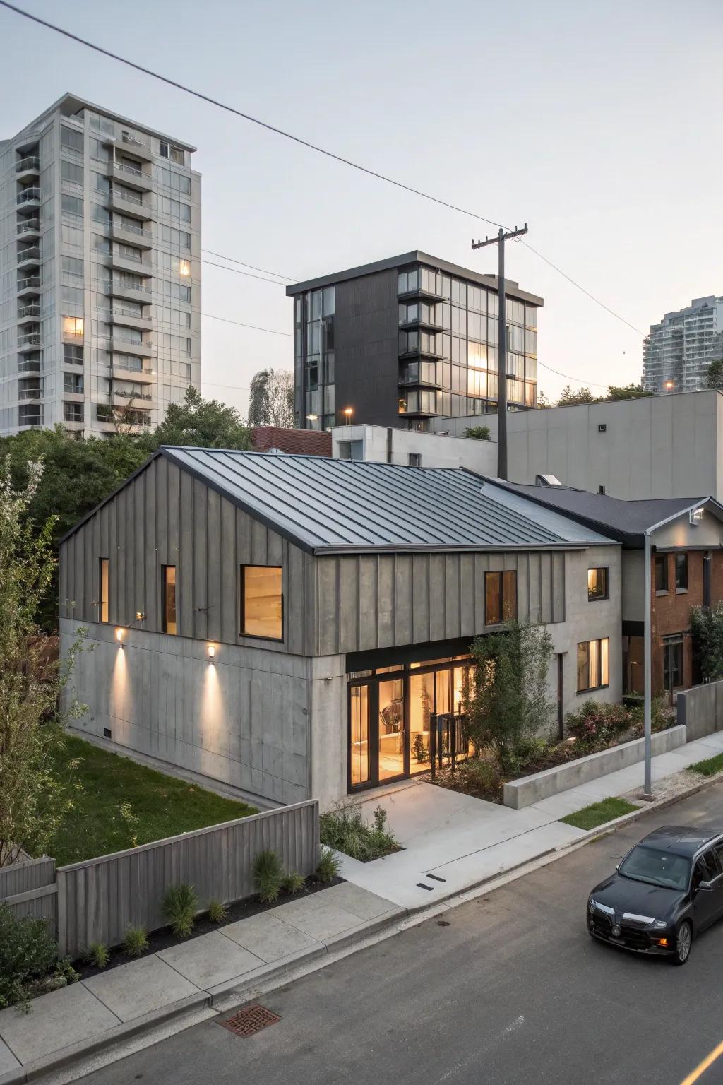 An industrial-style home with steel panel roofing.