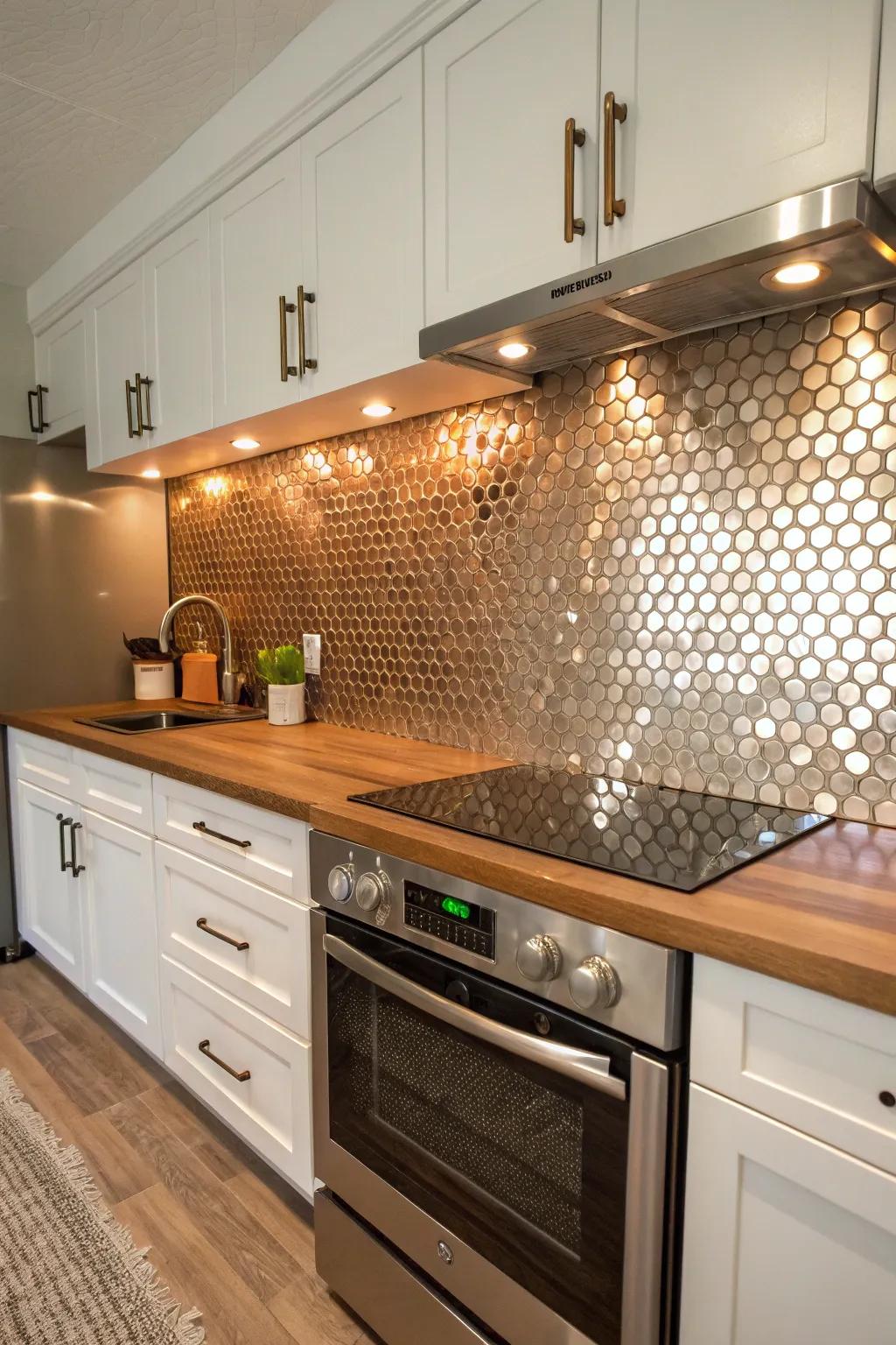 A kitchen featuring a penny metal tile backsplash for a playful touch.