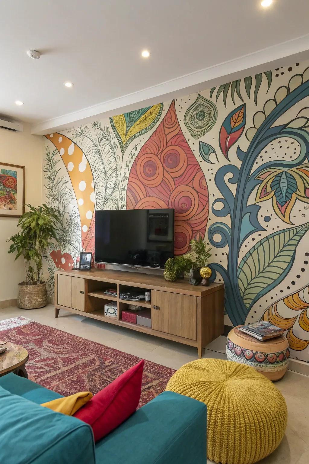 Artistic murals turn the TV wall into a focal point.