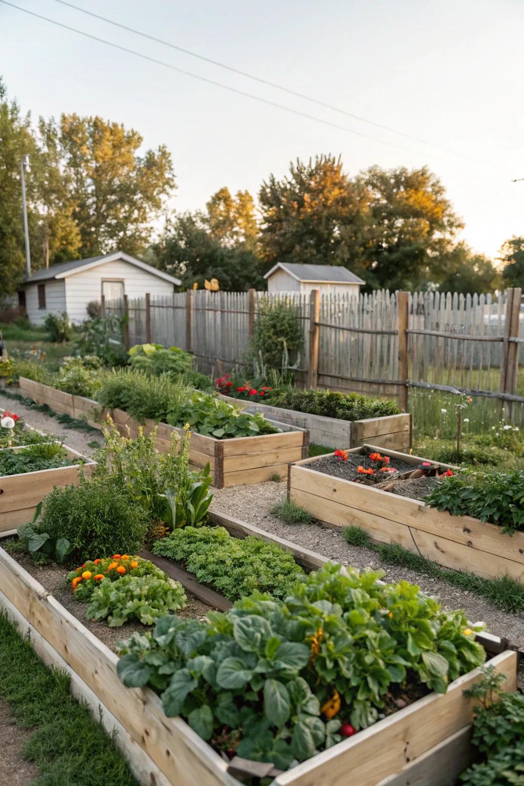 An edible garden paradise featuring raised beds in a backyard.