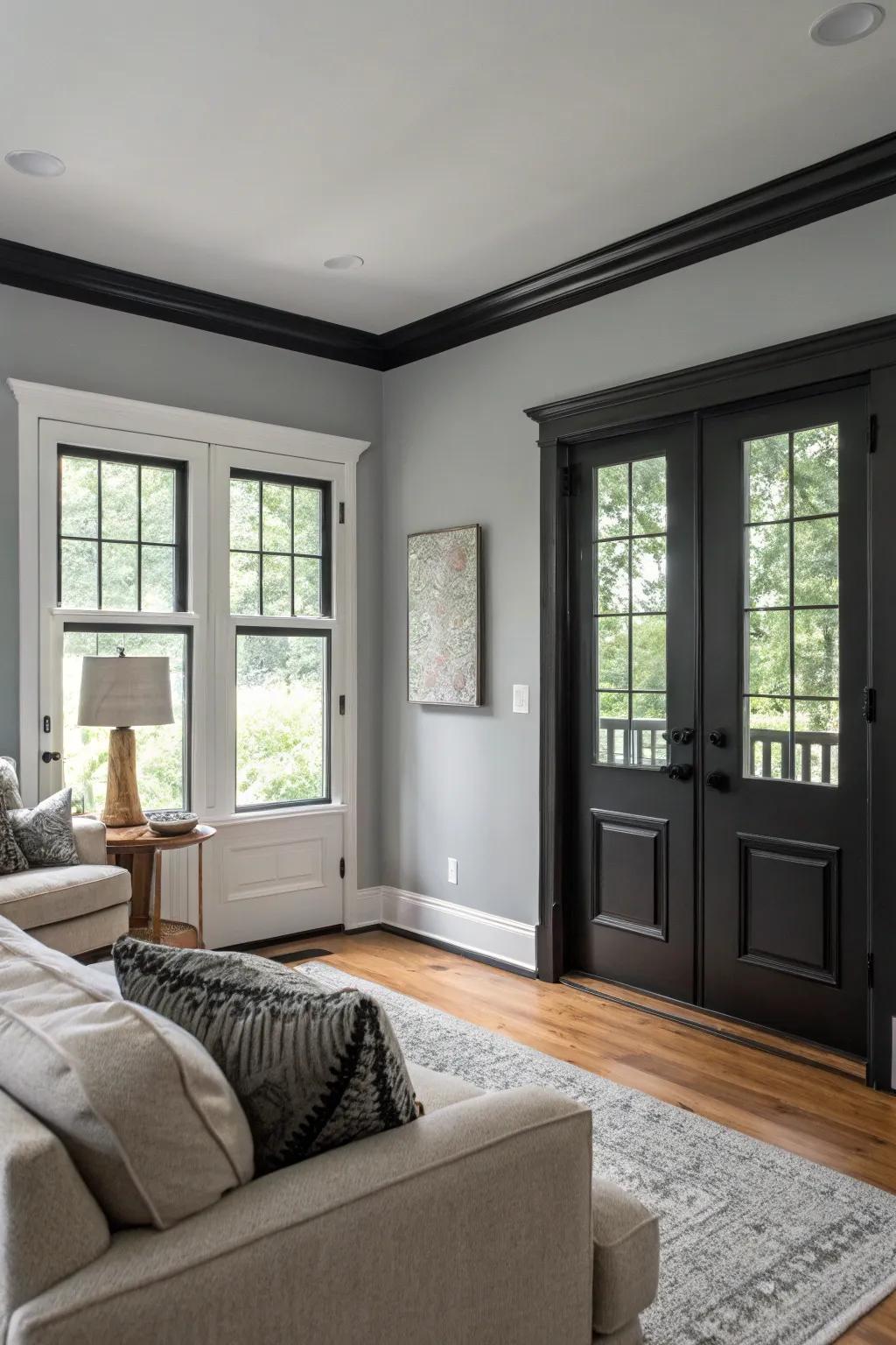 Grey walls with black trim add sophistication and highlight architectural elements.