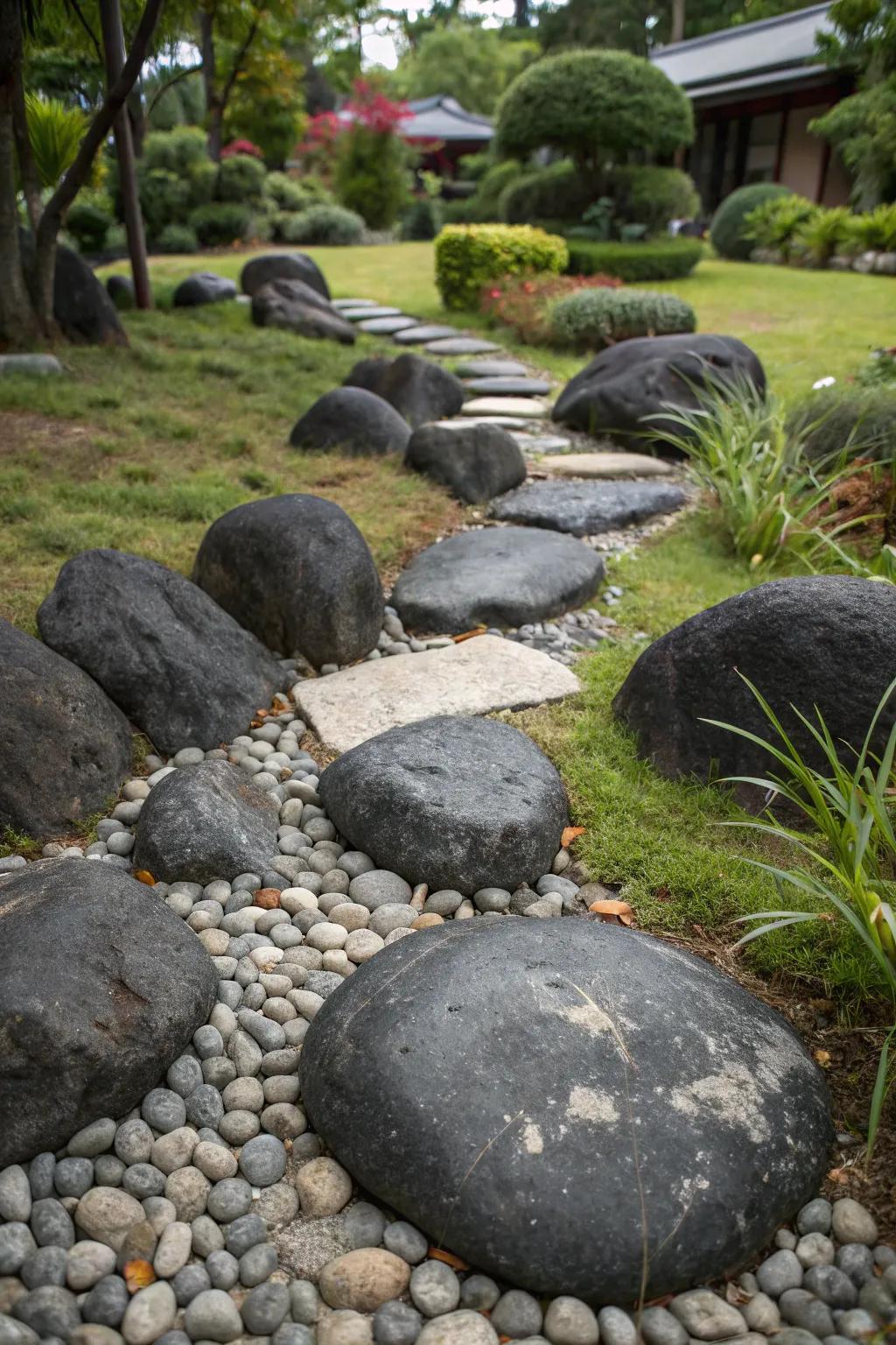 Different-sized black rocks create a textured garden surface.