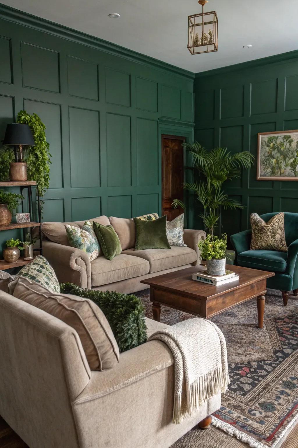 Comfortable seating arrangements craft an inviting dark green living area.