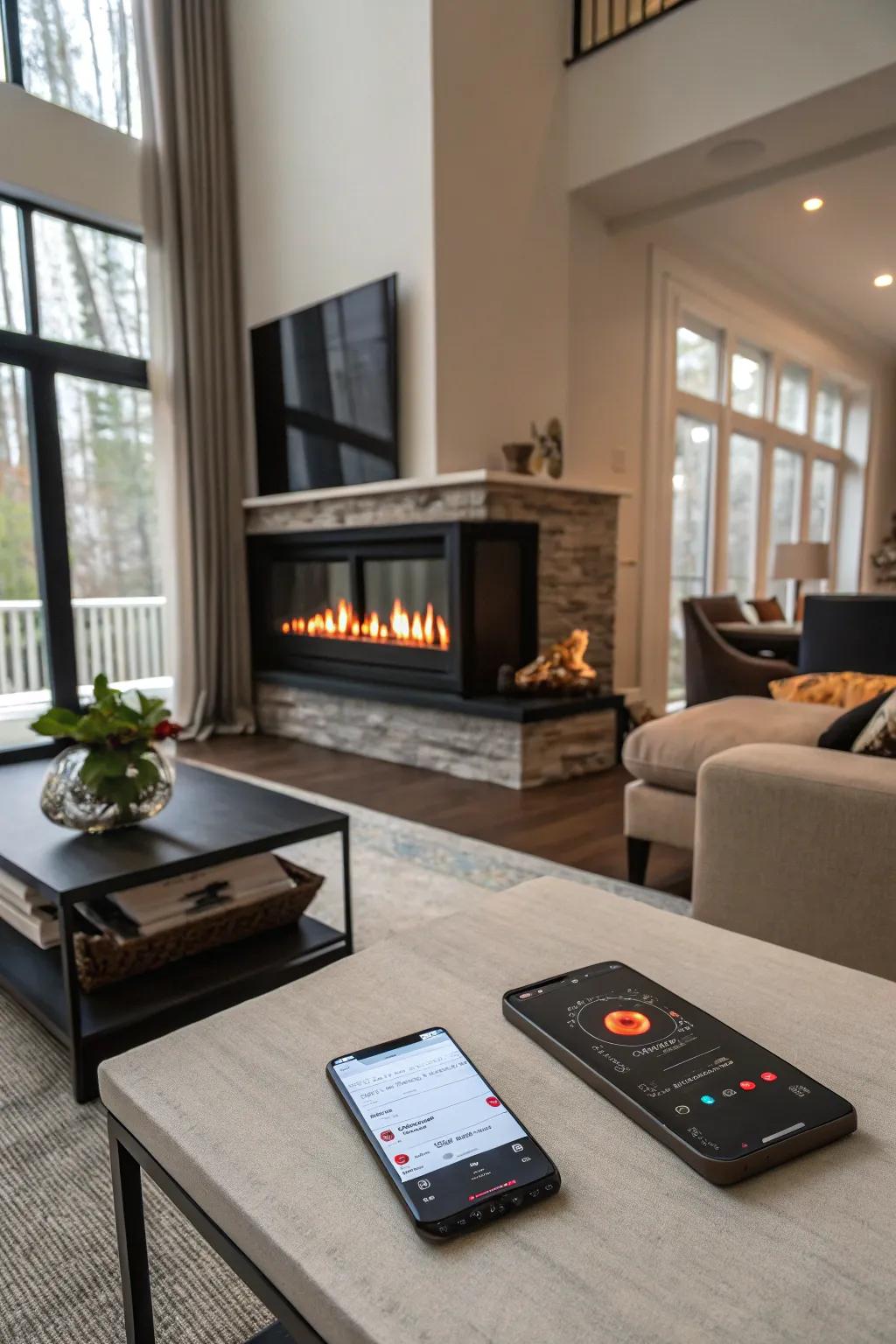 An electric fireplace in a modern living room is conveniently operated via a smartphone.