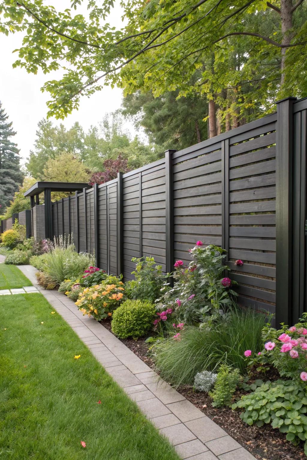 A tall, stylish fence offers privacy while maintaining aesthetic appeal.