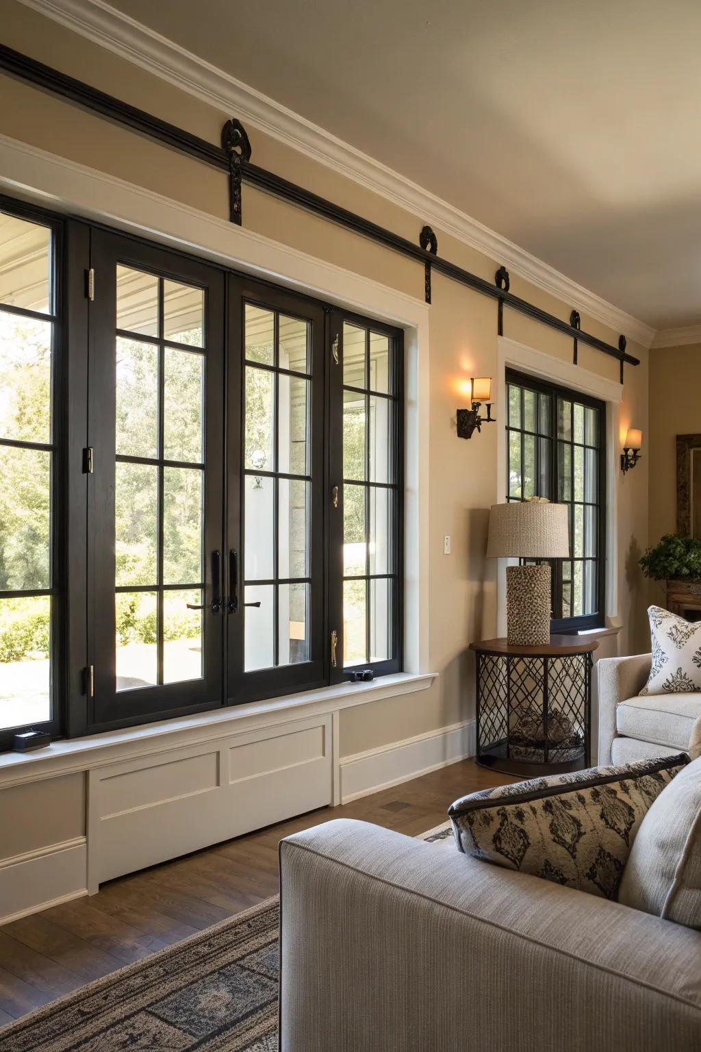 Dark highlights deliver striking contrast in this modern farmhouse interior.