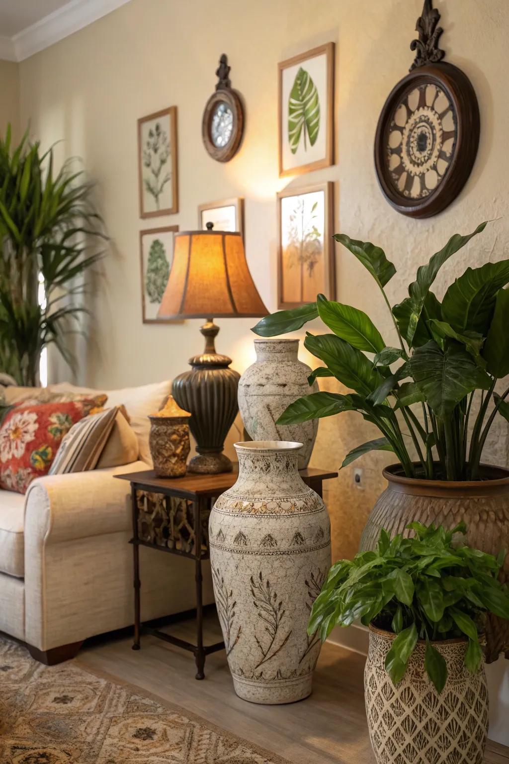 Decorative accents add a personal touch to the modern farmhouse lounge.