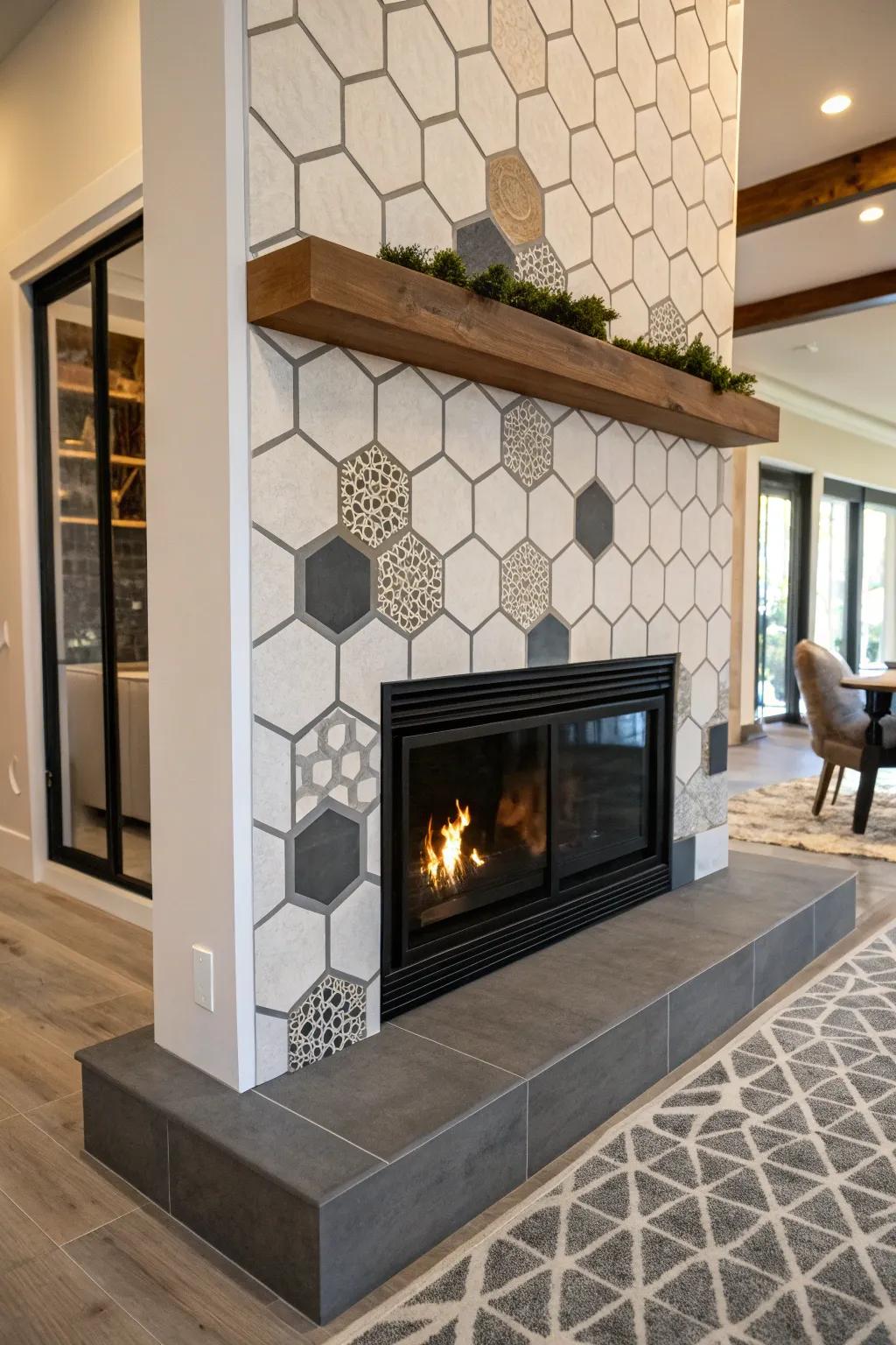 A fireplace showcasing a geometric hexagonal tile pattern.