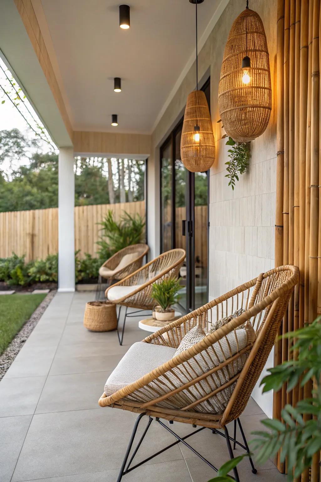 Organic materials add warmth to contemporary porch designs.