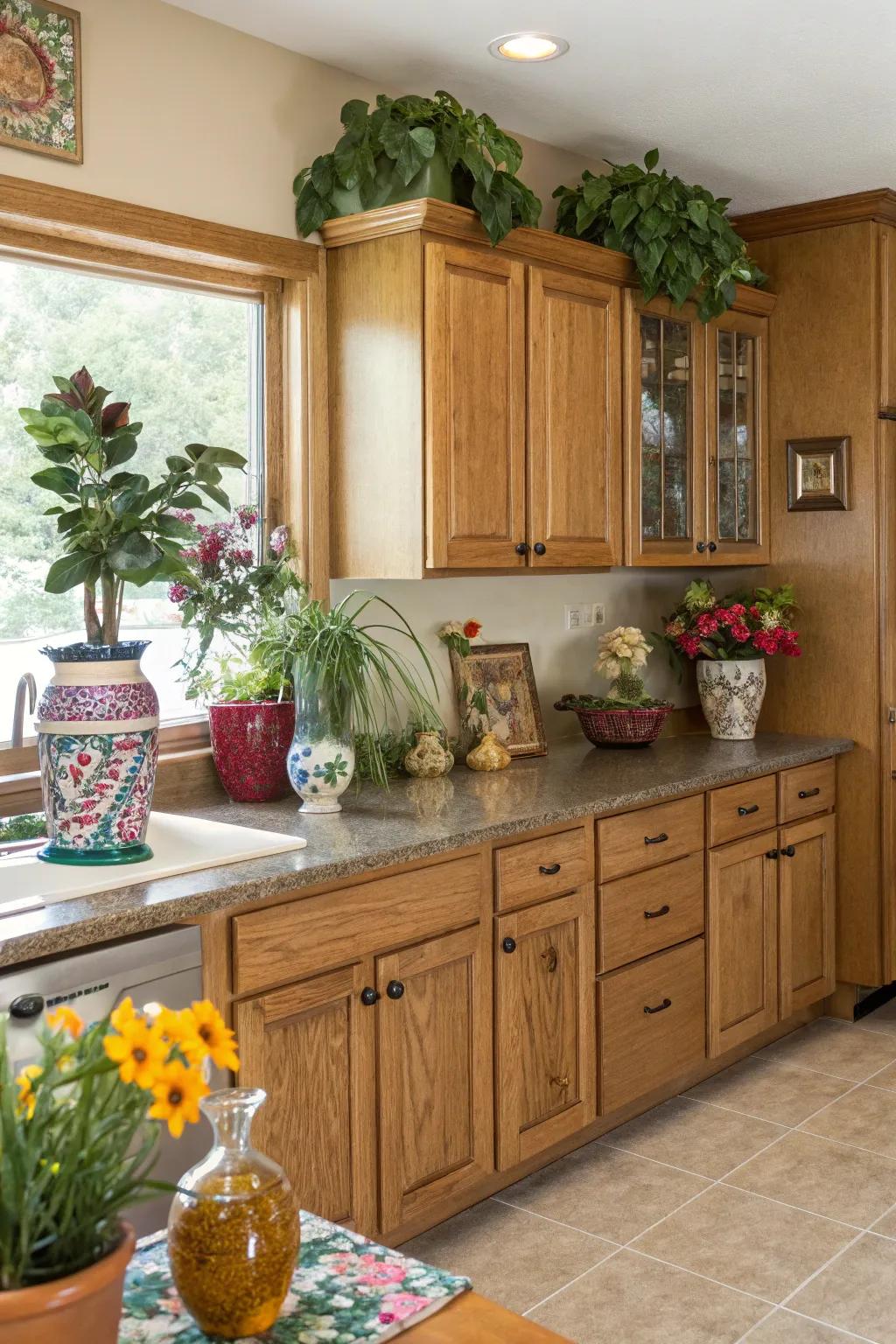 Ornamental elements enrich kitchens with paneled-oak cabinets, adding character and warmth.