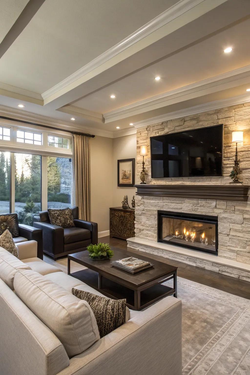 A fireplace and TV form a dynamic focal point.